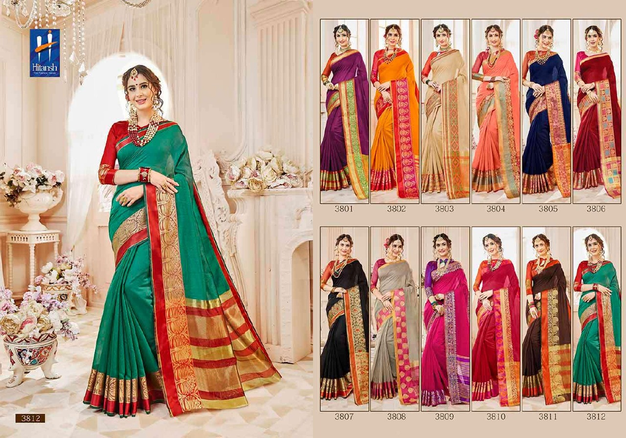 Bellizia By Hitansh 3801 To 3812 Series Designer Indian Traditional Wear Collection Beautiful Stylish Fancy Colorful Party Wear & Occasional Wear Cotton Silk Sarees At Wholesale Price