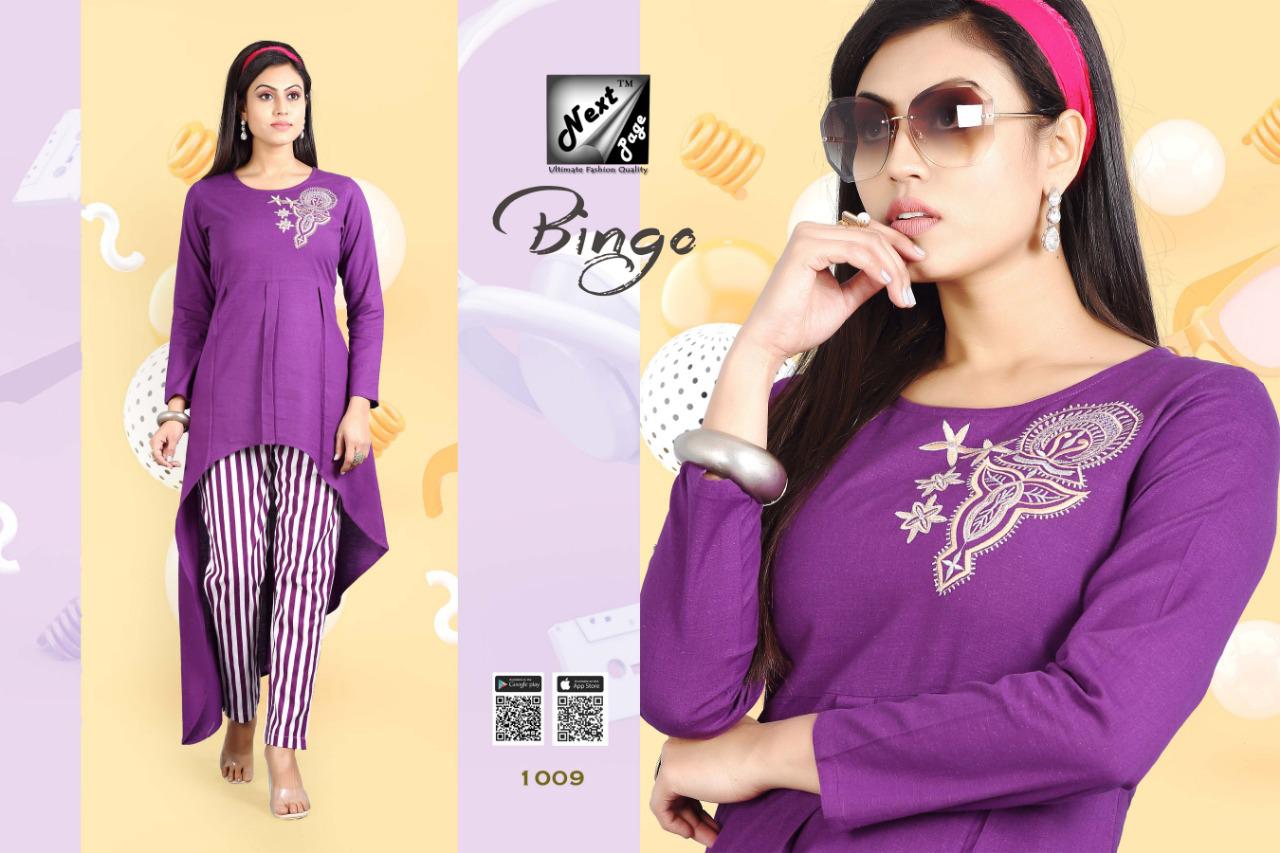 Bingo Vol-2 By Next Page 1001 To 1010 Series Beautiful Colorful Stylish Fancy Casual Wear & Ethnic Wear & Ready To Wear Heavy Cotton Kurtis With Pants At Wholesale Price