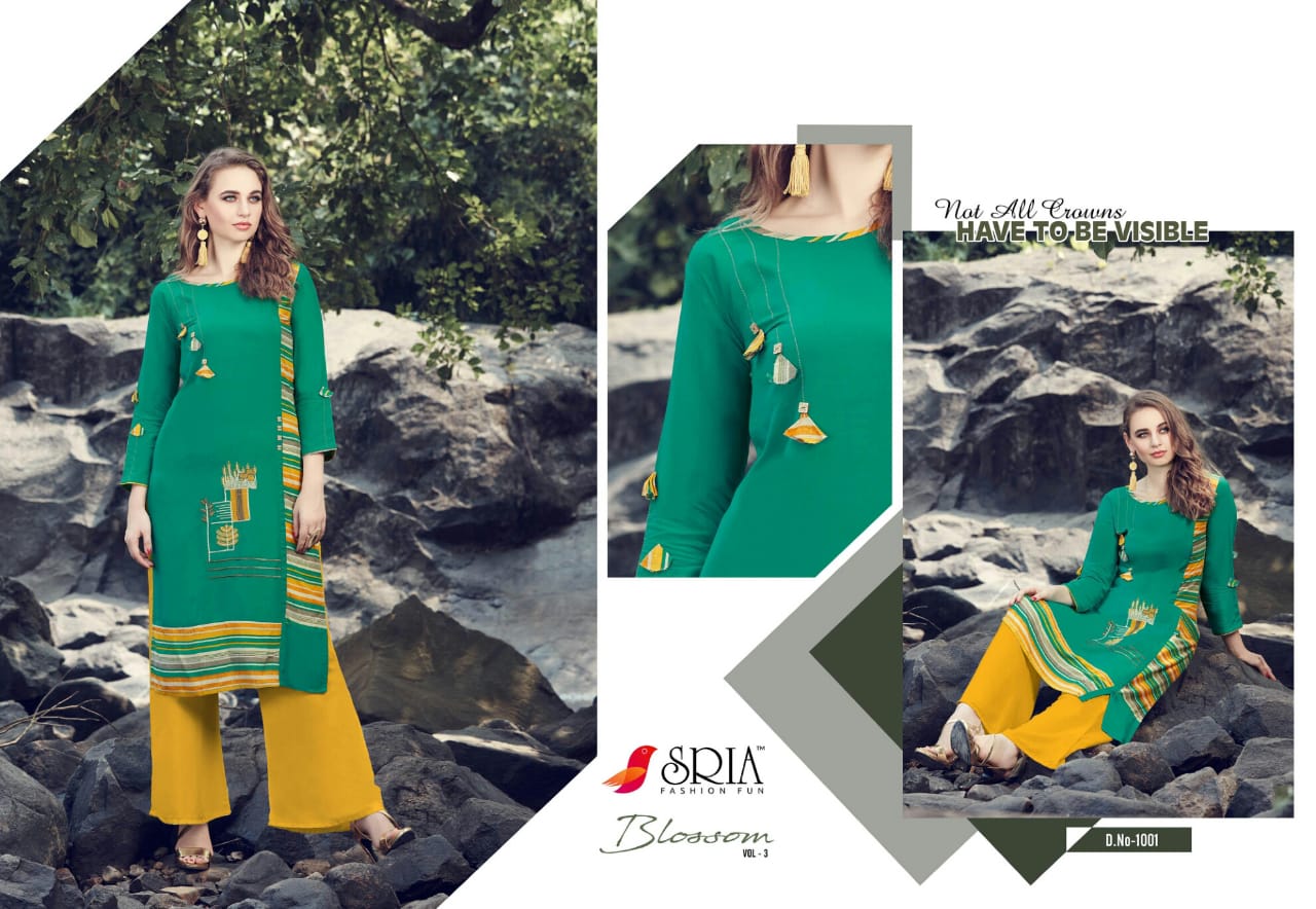 Blossom Vol-3 By Sria 1001 To 1009 Series Beautiful Stylish Colorful Fancy Party Wear & Ethnic Wear & Ready To Wear Rayon Printed Kurtis & Palazzos At Wholesale Price