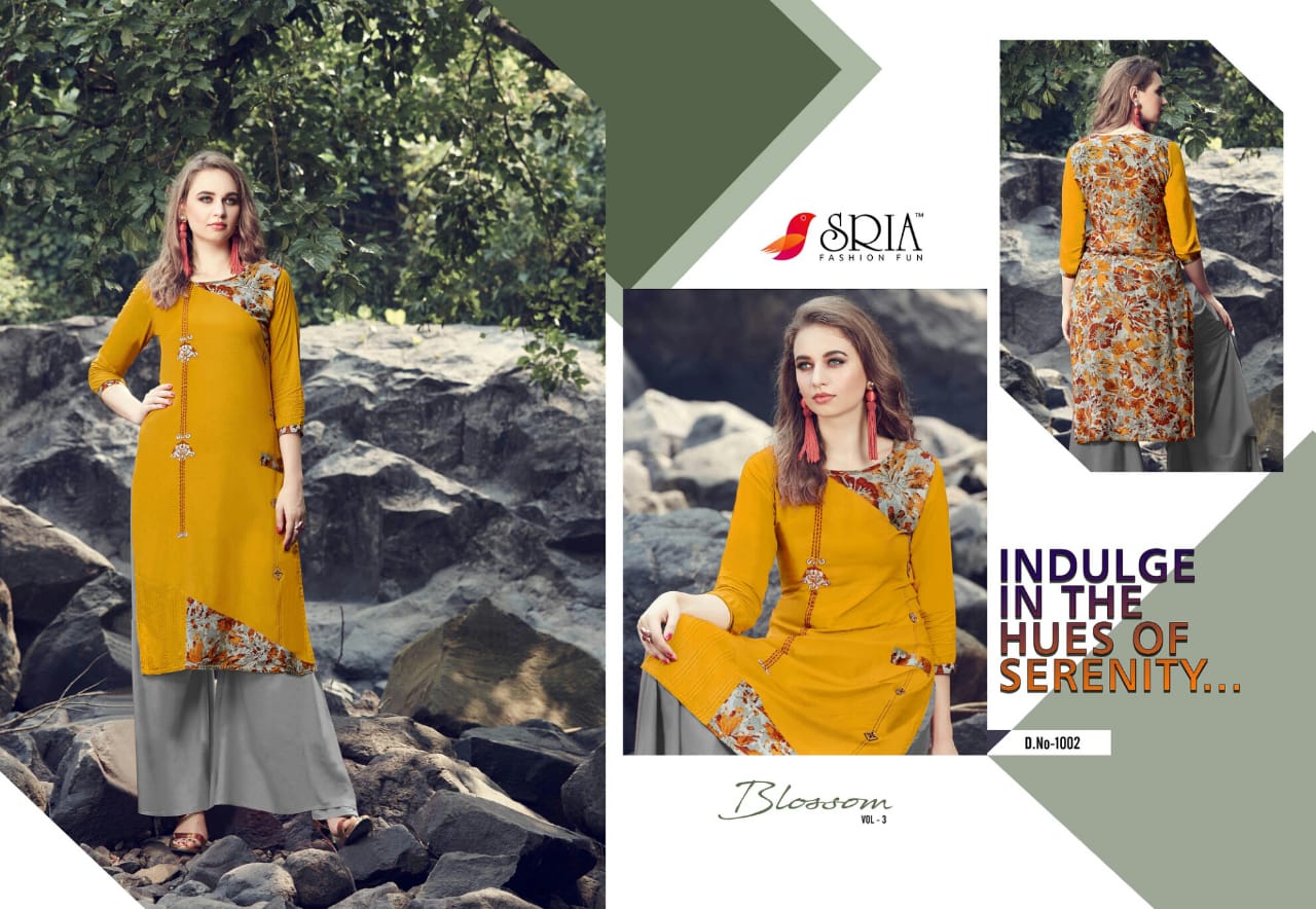 Blossom Vol-3 By Sria 1001 To 1009 Series Beautiful Stylish Colorful Fancy Party Wear & Ethnic Wear & Ready To Wear Rayon Printed Kurtis & Palazzos At Wholesale Price