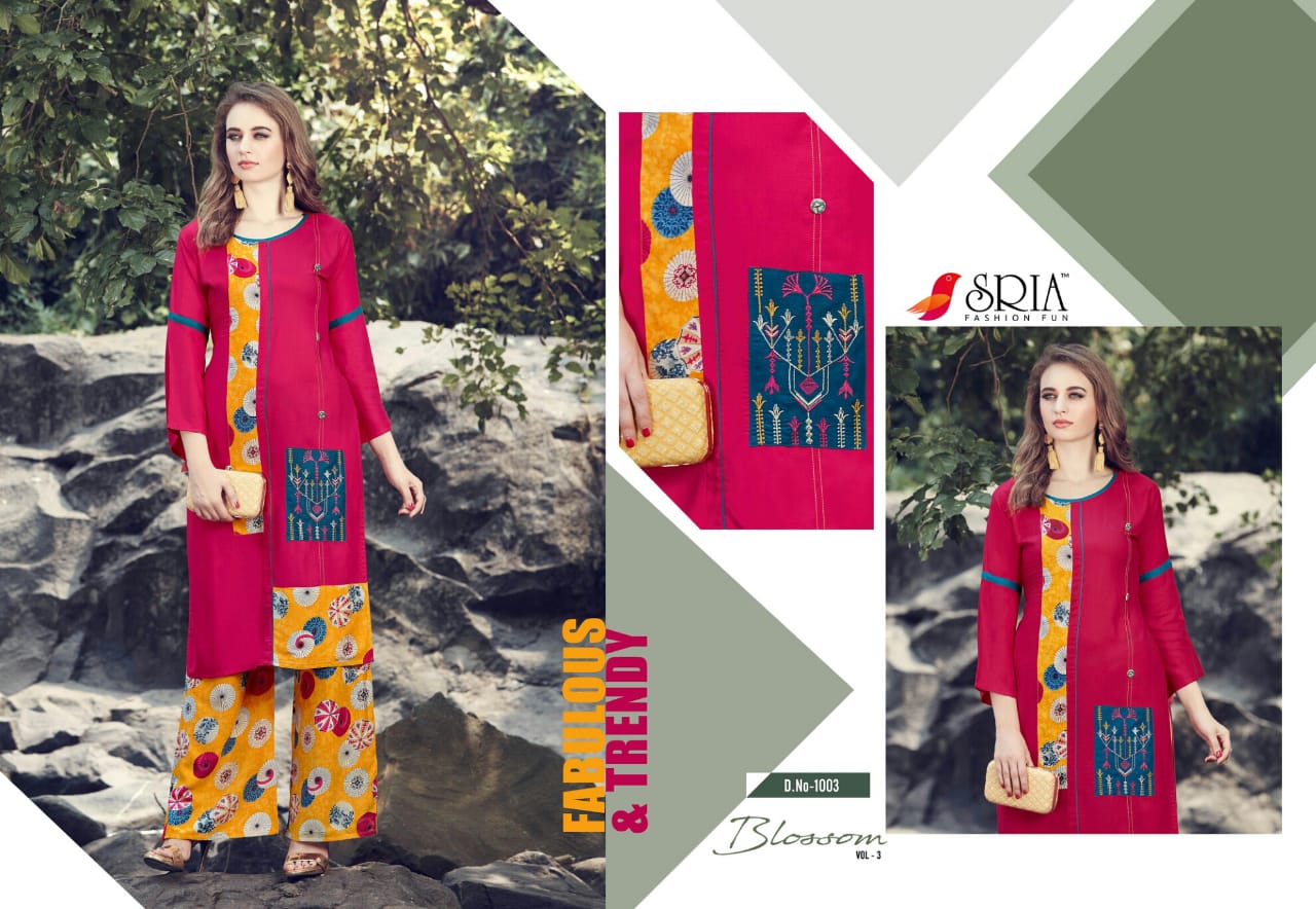 Blossom Vol-3 By Sria 1001 To 1009 Series Beautiful Stylish Colorful Fancy Party Wear & Ethnic Wear & Ready To Wear Rayon Printed Kurtis & Palazzos At Wholesale Price