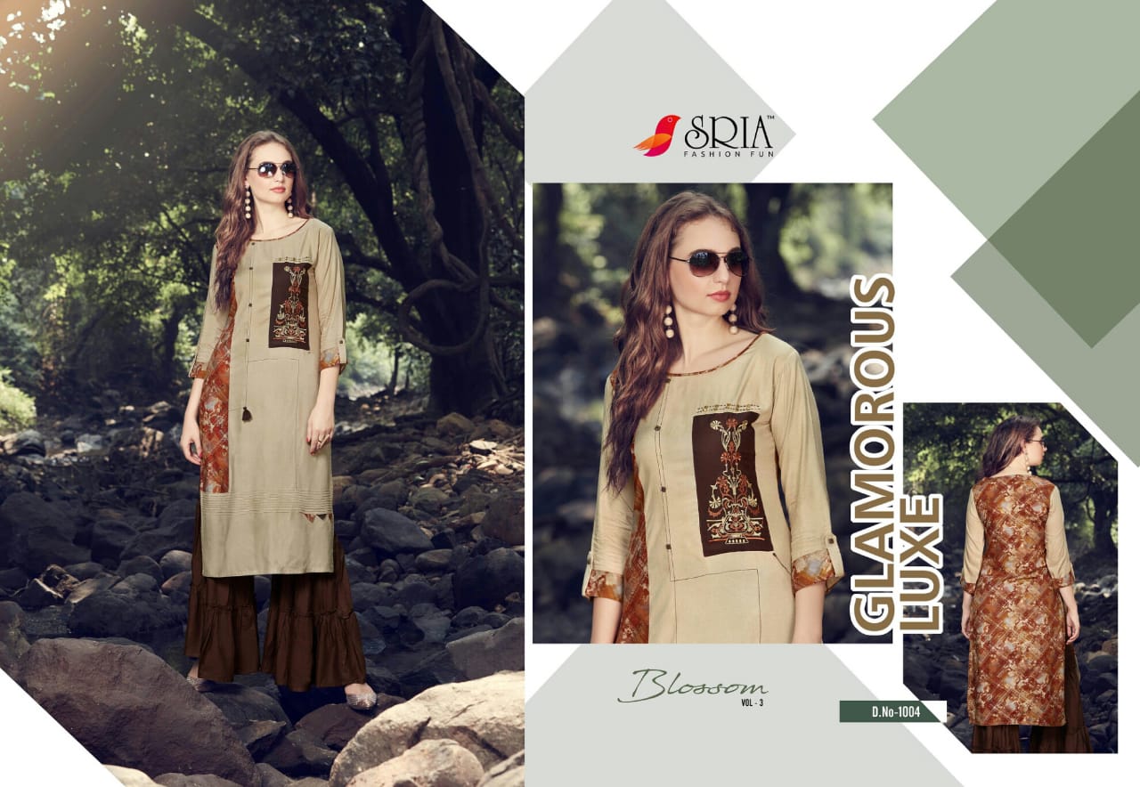 Blossom Vol-3 By Sria 1001 To 1009 Series Beautiful Stylish Colorful Fancy Party Wear & Ethnic Wear & Ready To Wear Rayon Printed Kurtis & Palazzos At Wholesale Price