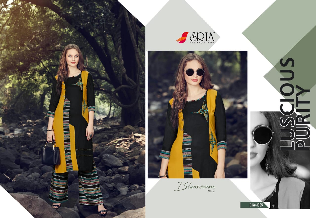 Blossom Vol-3 By Sria 1001 To 1009 Series Beautiful Stylish Colorful Fancy Party Wear & Ethnic Wear & Ready To Wear Rayon Printed Kurtis & Palazzos At Wholesale Price