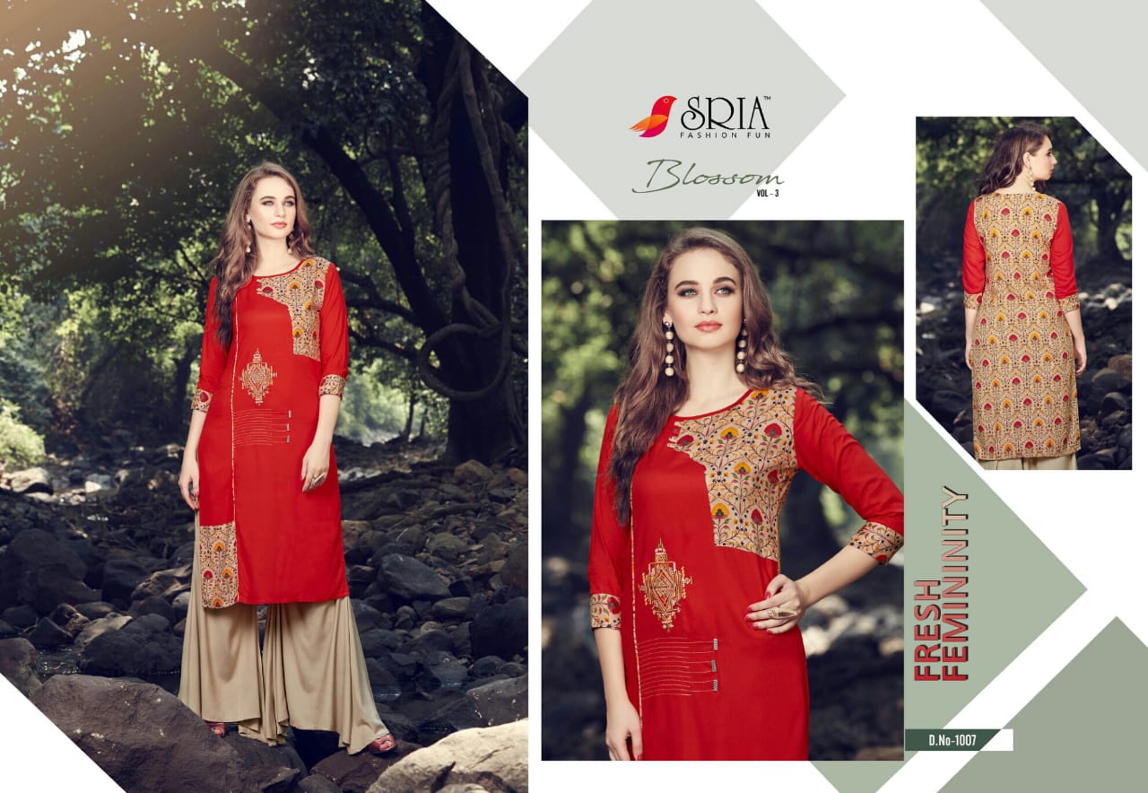Blossom Vol-3 By Sria 1001 To 1009 Series Beautiful Stylish Colorful Fancy Party Wear & Ethnic Wear & Ready To Wear Rayon Printed Kurtis & Palazzos At Wholesale Price