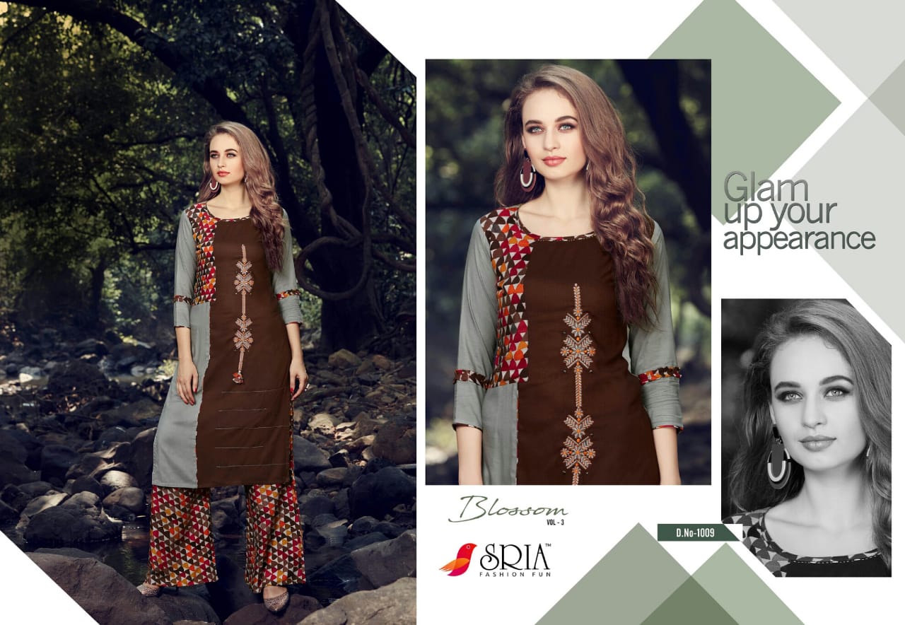 Blossom Vol-3 By Sria 1001 To 1009 Series Beautiful Stylish Colorful Fancy Party Wear & Ethnic Wear & Ready To Wear Rayon Printed Kurtis & Palazzos At Wholesale Price