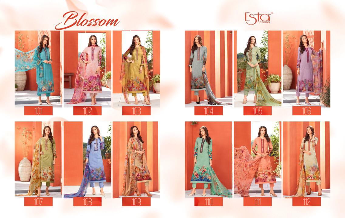 Blossom By Esta Designs 101 To 112 Series Beautiful Suits Stylish Colorful Fancy Casual Wear & Ethnic Wear Printed Cambric Cotton With Embroidery Work Dresses At Wholesale Price