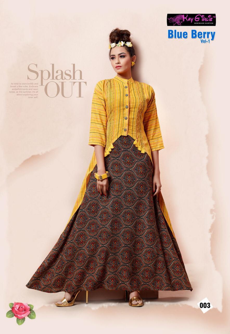 Blue Berry Vol-1 Kay Girlie 001 To 006 Series Beautiful Colorful Stylish Fancy Casual Wear & Ethnic Wear & Ready To Wear Premium Rayon Printed Kurtis At Wholesale Price