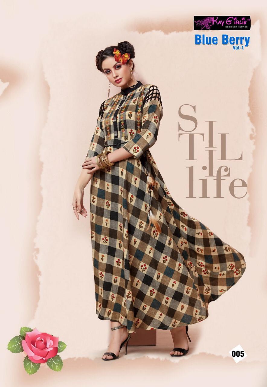 Blue Berry Vol-1 Kay Girlie 001 To 006 Series Beautiful Colorful Stylish Fancy Casual Wear & Ethnic Wear & Ready To Wear Premium Rayon Printed Kurtis At Wholesale Price