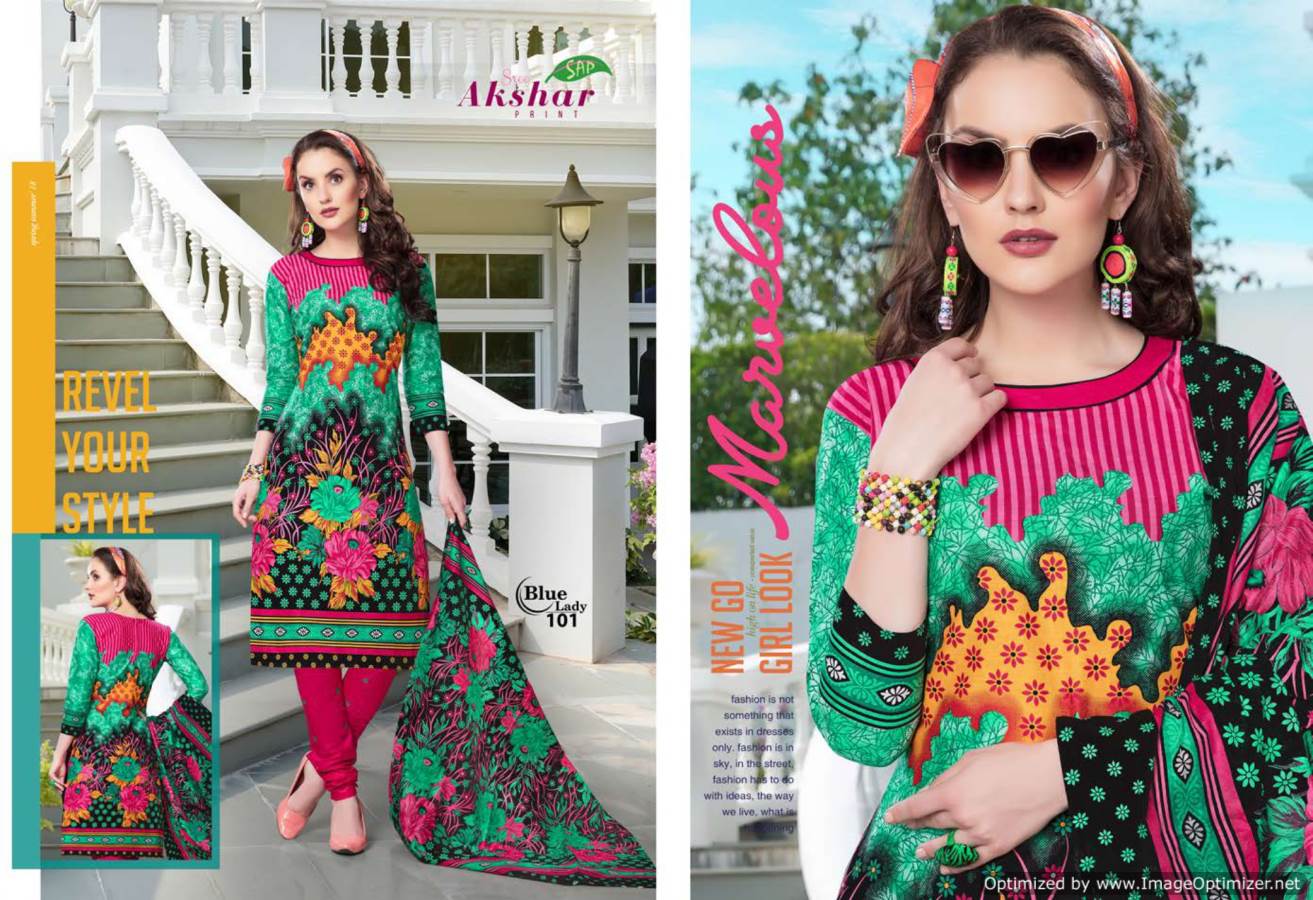 Blue Lady By Akshar Prints 101 To 112 Series Indian Traditional Wear Collection Beautiful Stylish Fancy Colorful Party Wear & Occasional Wear Cotton Printed Dress At Wholesale Price