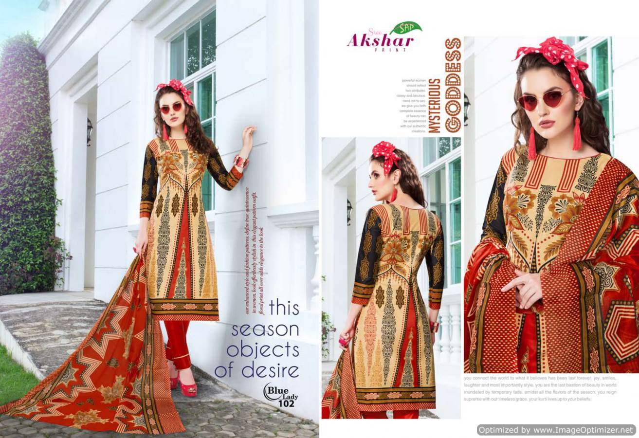 Blue Lady By Akshar Prints 101 To 112 Series Indian Traditional Wear Collection Beautiful Stylish Fancy Colorful Party Wear & Occasional Wear Cotton Printed Dress At Wholesale Price