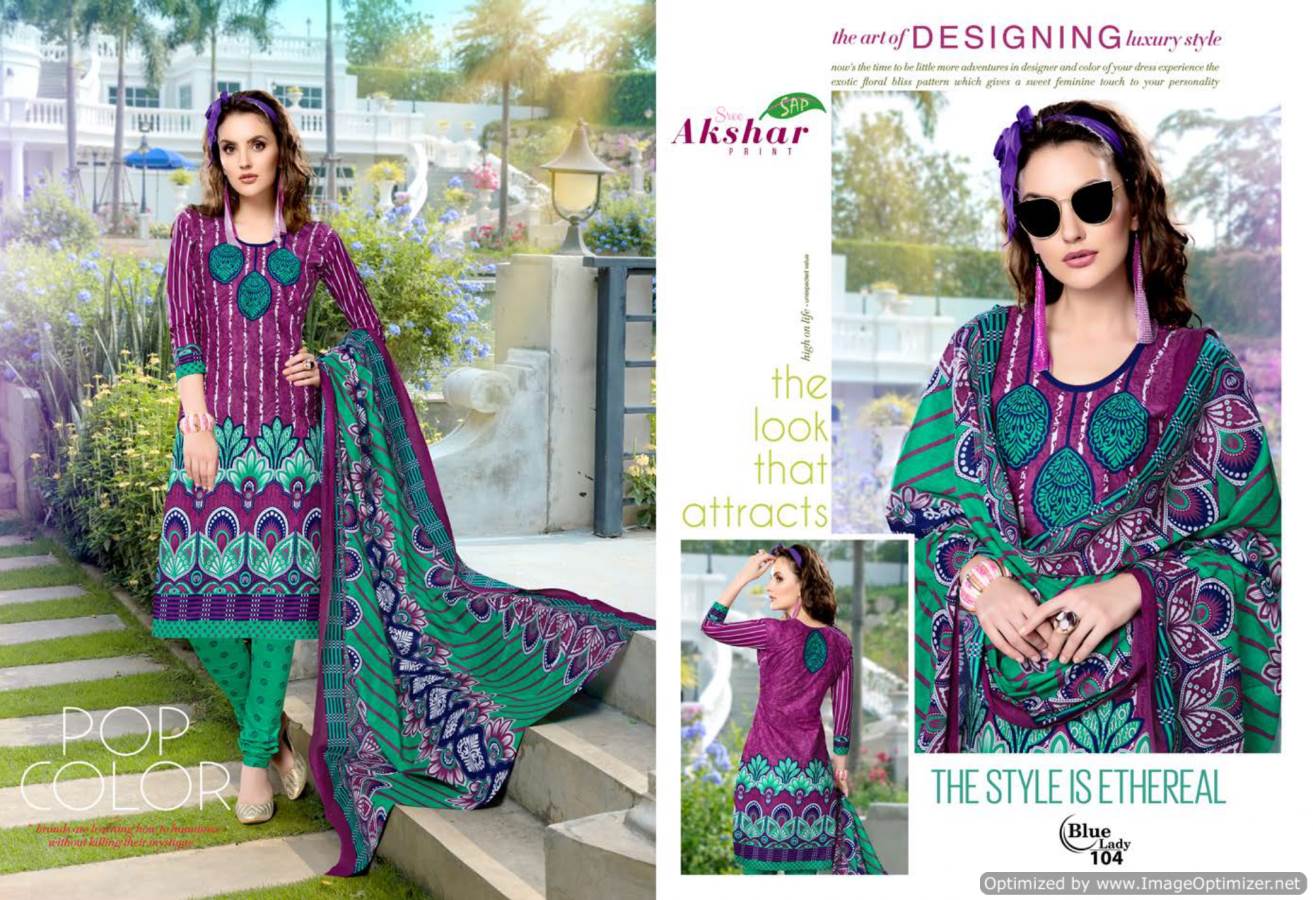 Blue Lady By Akshar Prints 101 To 112 Series Indian Traditional Wear Collection Beautiful Stylish Fancy Colorful Party Wear & Occasional Wear Cotton Printed Dress At Wholesale Price