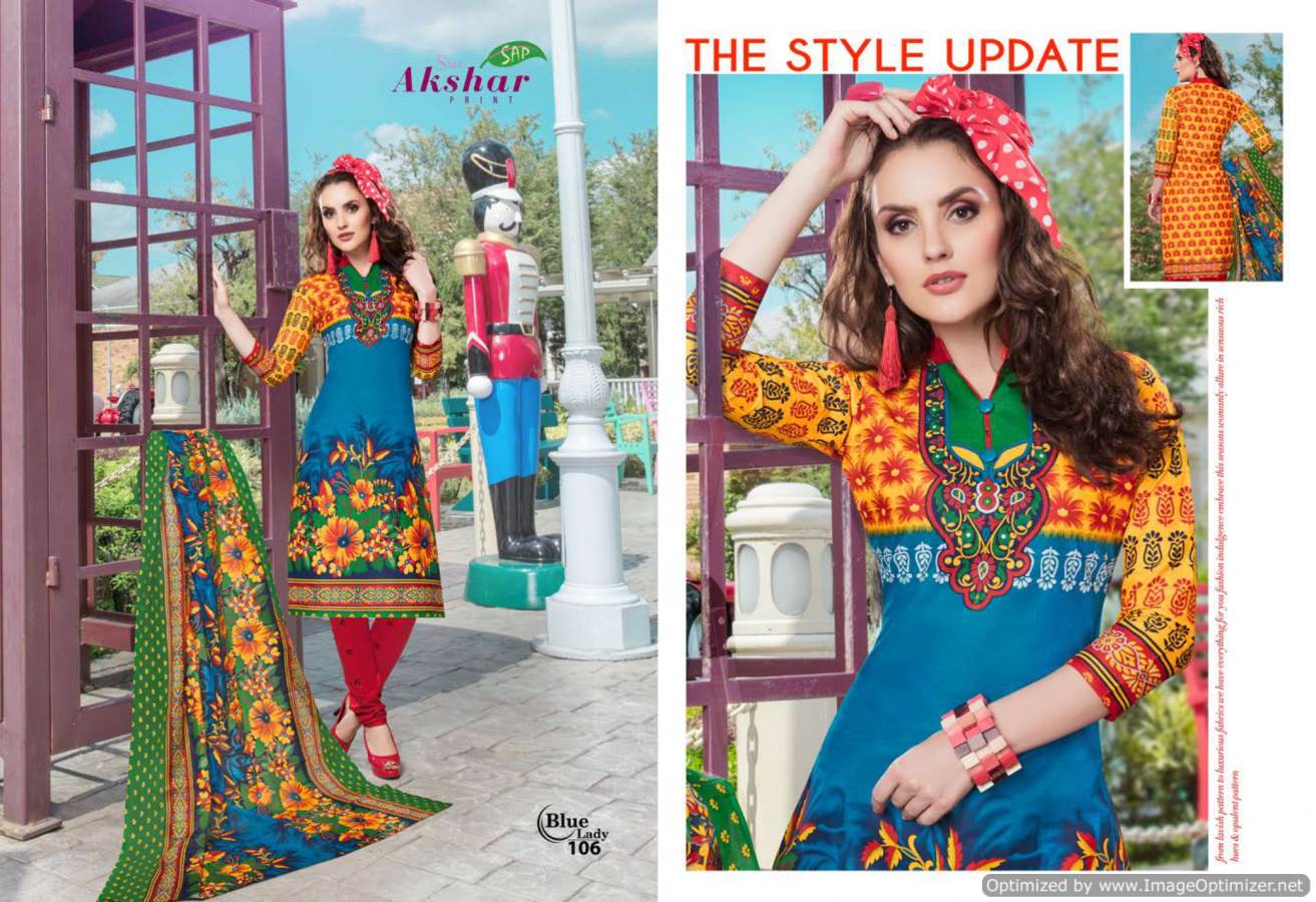 Blue Lady By Akshar Prints 101 To 112 Series Indian Traditional Wear Collection Beautiful Stylish Fancy Colorful Party Wear & Occasional Wear Cotton Printed Dress At Wholesale Price