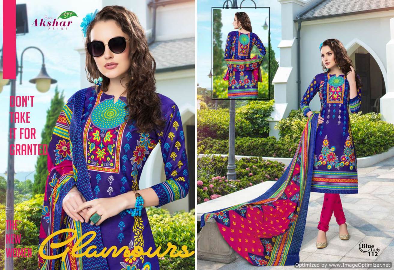 Blue Lady By Akshar Prints 101 To 112 Series Indian Traditional Wear Collection Beautiful Stylish Fancy Colorful Party Wear & Occasional Wear Cotton Printed Dress At Wholesale Price