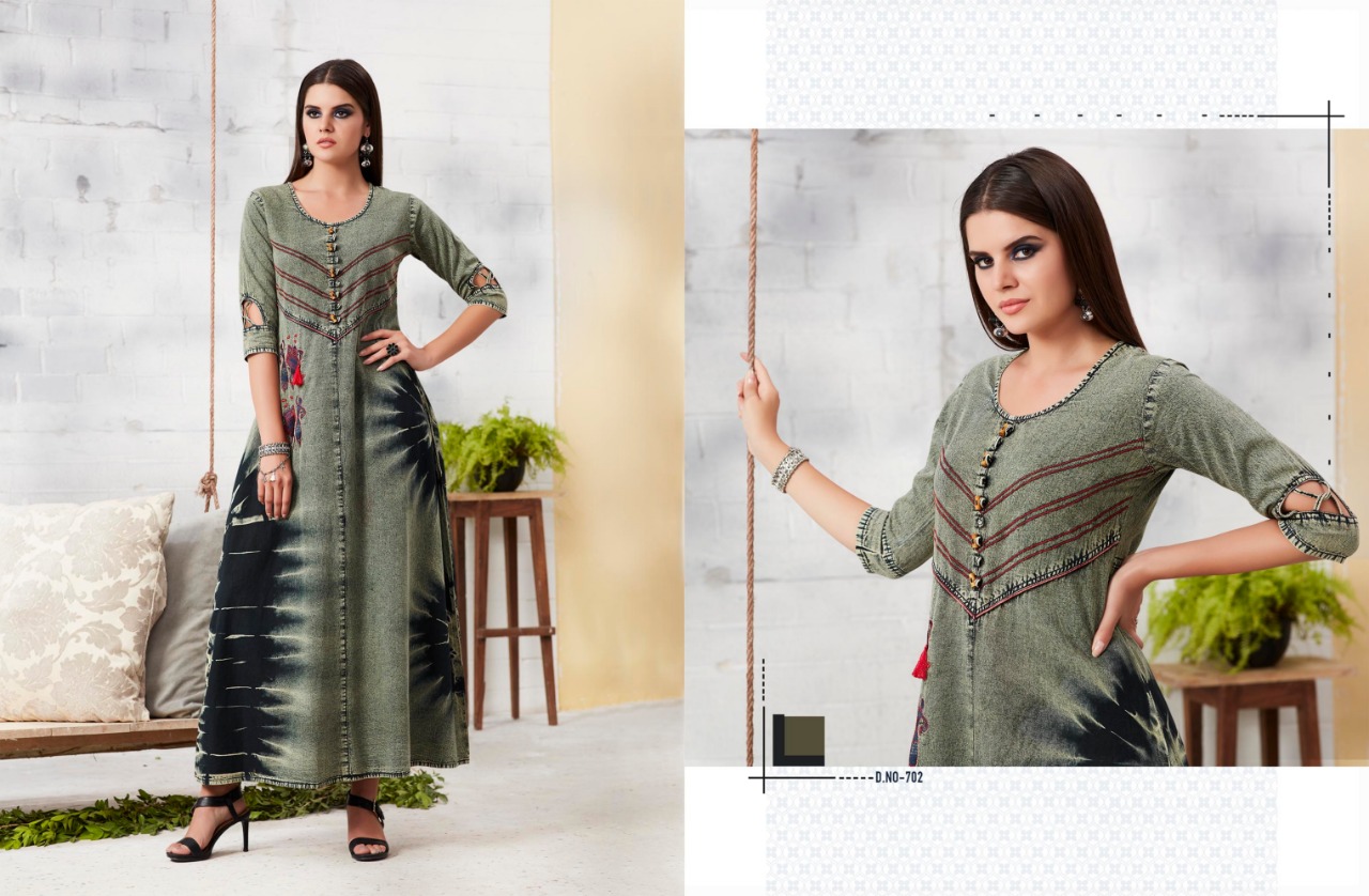 Blue Lee Vol-2 By Kajree Fashion 701 To 712 Series Beautiful Colorful Stylish Fancy Casual Wear & Ethnic Wear & Ready To Wear Denim Embroidered Kurtis At Wholesale Price