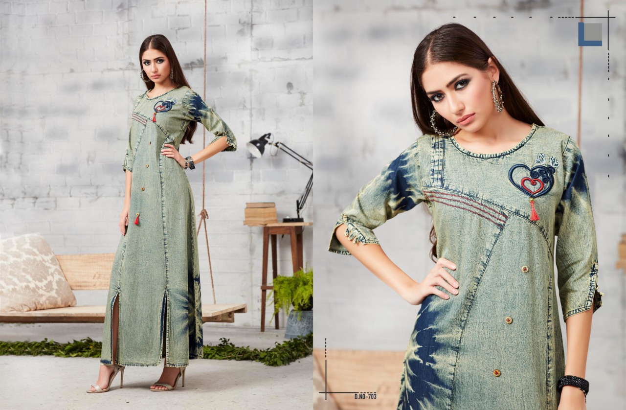 Blue Lee Vol-2 By Kajree Fashion 701 To 712 Series Beautiful Colorful Stylish Fancy Casual Wear & Ethnic Wear & Ready To Wear Denim Embroidered Kurtis At Wholesale Price