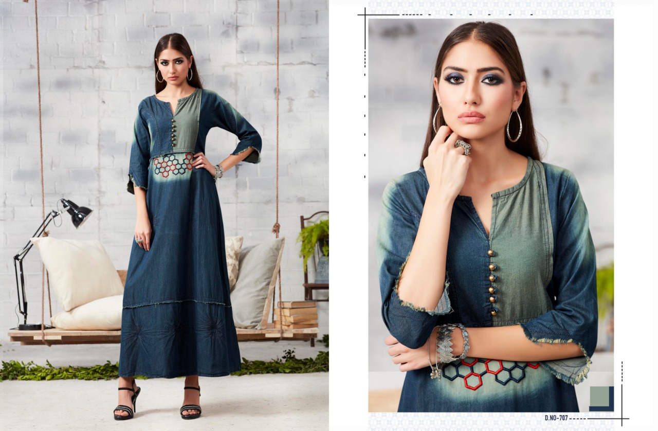 Blue Lee Vol-2 By Kajree Fashion 701 To 712 Series Beautiful Colorful Stylish Fancy Casual Wear & Ethnic Wear & Ready To Wear Denim Embroidered Kurtis At Wholesale Price