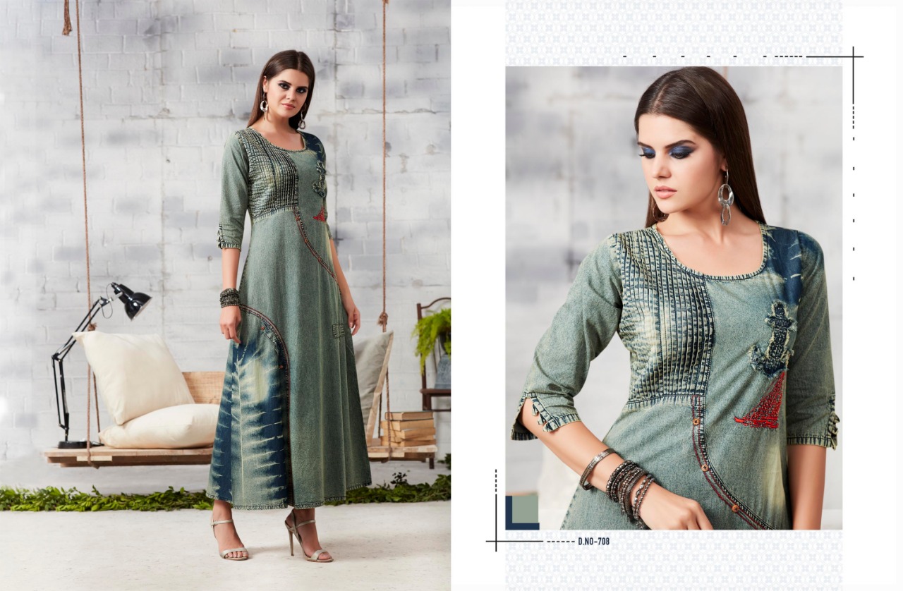 Blue Lee Vol-2 By Kajree Fashion 701 To 712 Series Beautiful Colorful Stylish Fancy Casual Wear & Ethnic Wear & Ready To Wear Denim Embroidered Kurtis At Wholesale Price