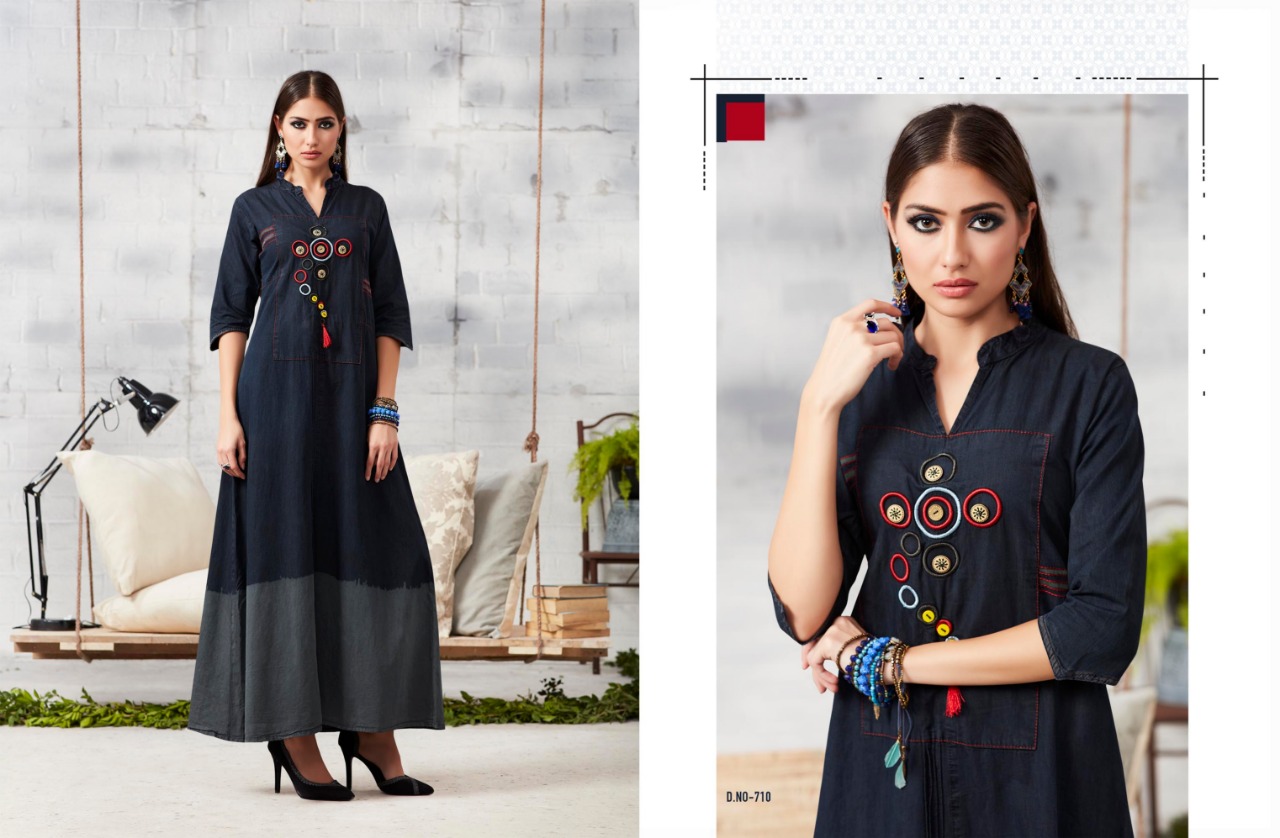 Blue Lee Vol-2 By Kajree Fashion 701 To 712 Series Beautiful Colorful Stylish Fancy Casual Wear & Ethnic Wear & Ready To Wear Denim Embroidered Kurtis At Wholesale Price