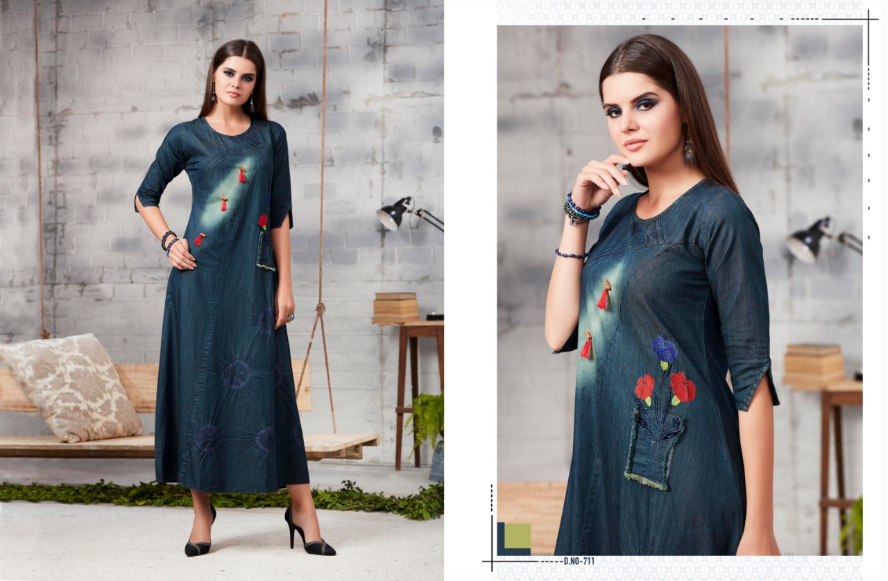 Blue Lee Vol-2 By Kajree Fashion 701 To 712 Series Beautiful Colorful Stylish Fancy Casual Wear & Ethnic Wear & Ready To Wear Denim Embroidered Kurtis At Wholesale Price