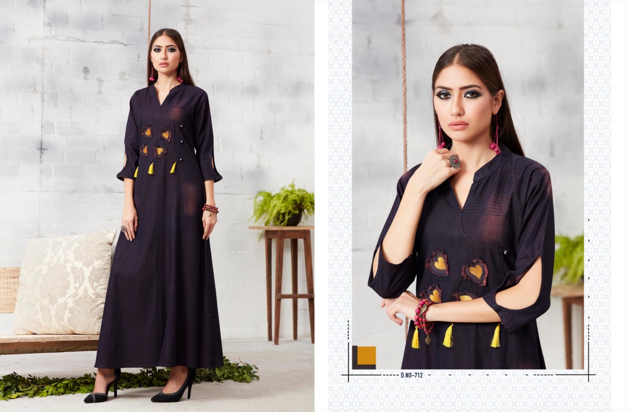Blue Lee Vol-2 By Kajree Fashion 701 To 712 Series Beautiful Colorful Stylish Fancy Casual Wear & Ethnic Wear & Ready To Wear Denim Embroidered Kurtis At Wholesale Price