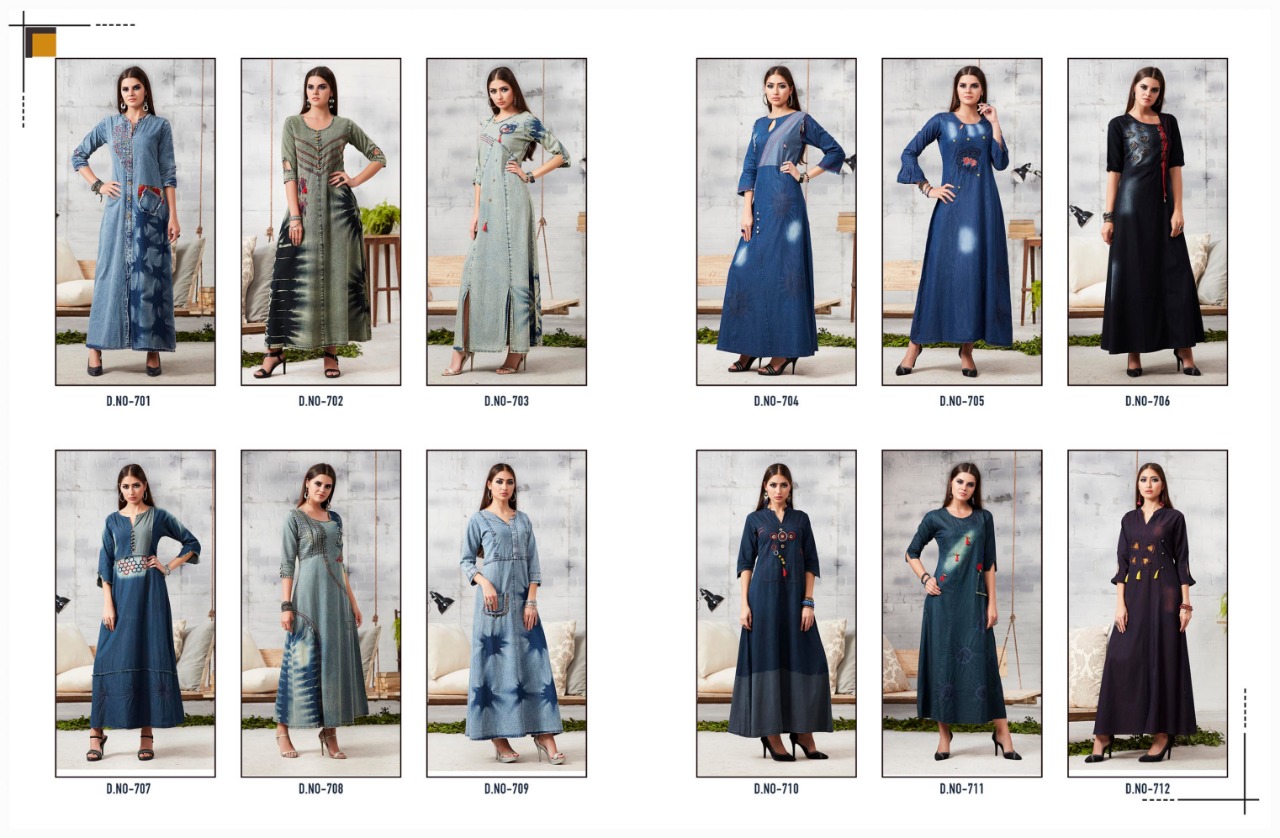 Blue Lee Vol-2 By Kajree Fashion 701 To 712 Series Beautiful Colorful Stylish Fancy Casual Wear & Ethnic Wear & Ready To Wear Denim Embroidered Kurtis At Wholesale Price