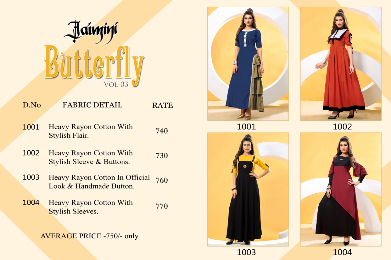 Butterfly Vol-3 By Jaimini 1001 To 1004 Series Designer Beautiful Stylish Fancy Colorful Casual Wear & Ethnic Wear & Ready To Wear Rayon Kurtis At Wholesale Price