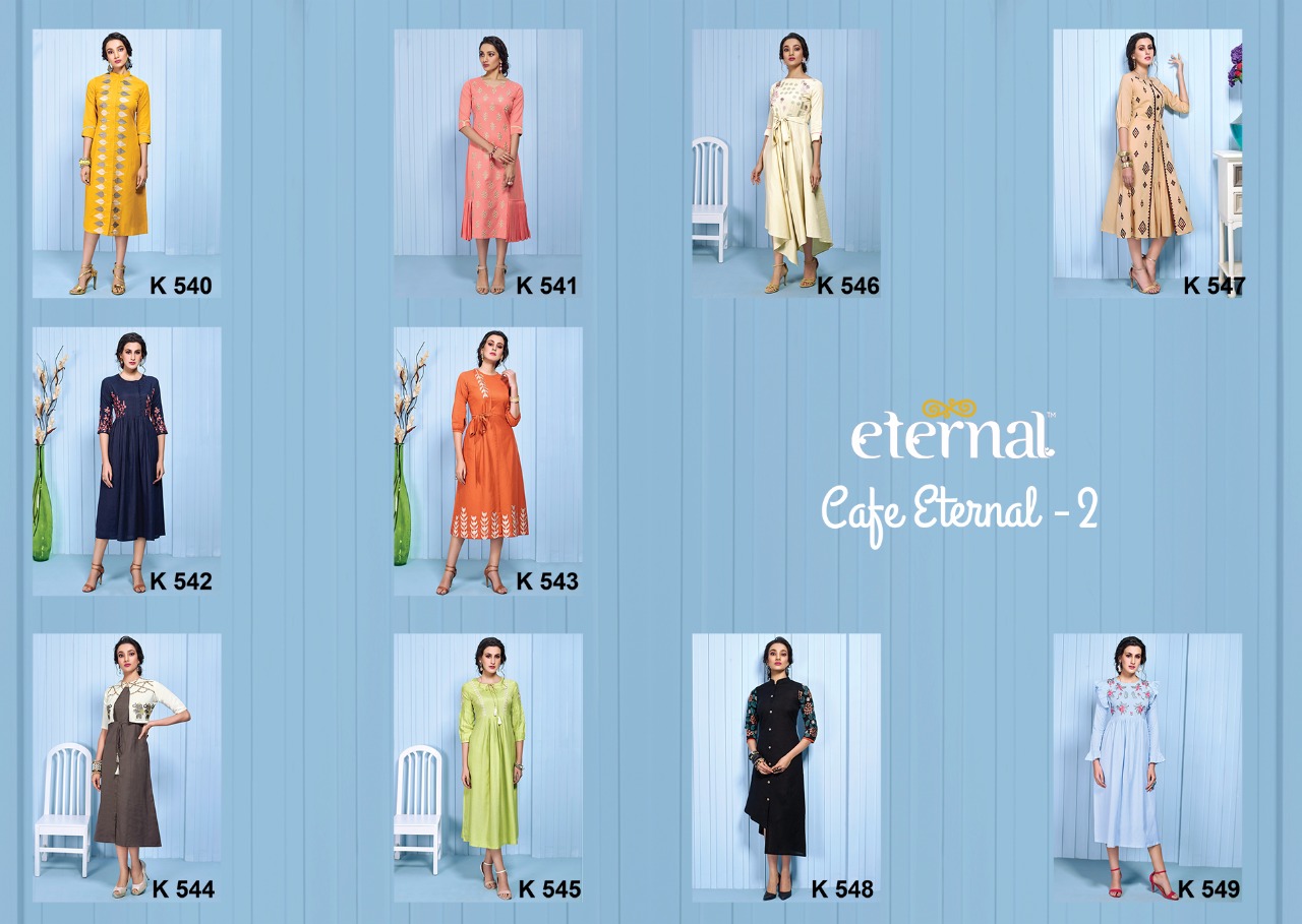 Cafe Eternal Vol-2 By Eternal 540 To 549 Series Beautiful Stylish Fancy Colorful Casual Wear & Ethnic Wear & Ready To Wear Pure Cotton Flex Embroidered Kurtis At Wholesale Price