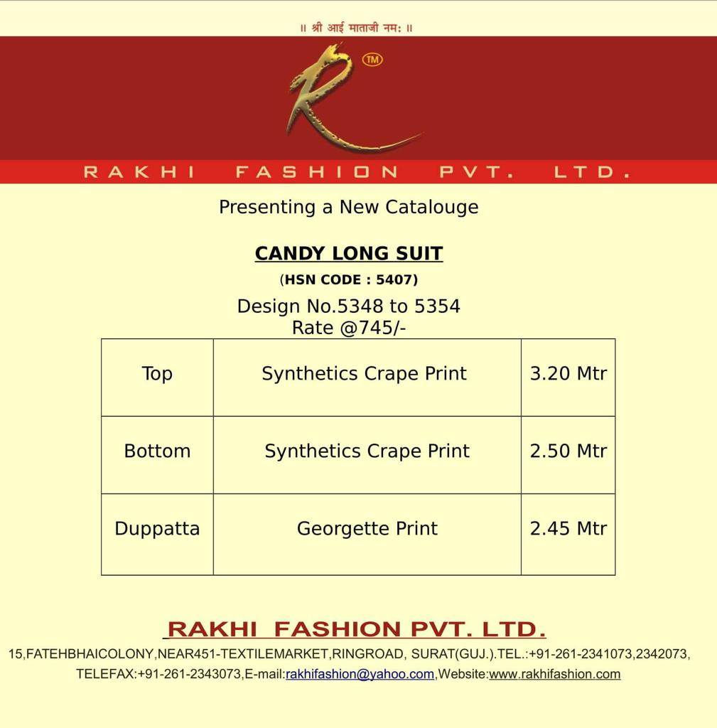 Candy Long Suit 5348 Series By Rakhi Fashion 5348-a To 5354-b Series Beautiful Suits Stylish Fancy Colorful Casual Wear & Ethnic Wear Collection Synthetic Crepe Printed Dresses At Wholesale Price