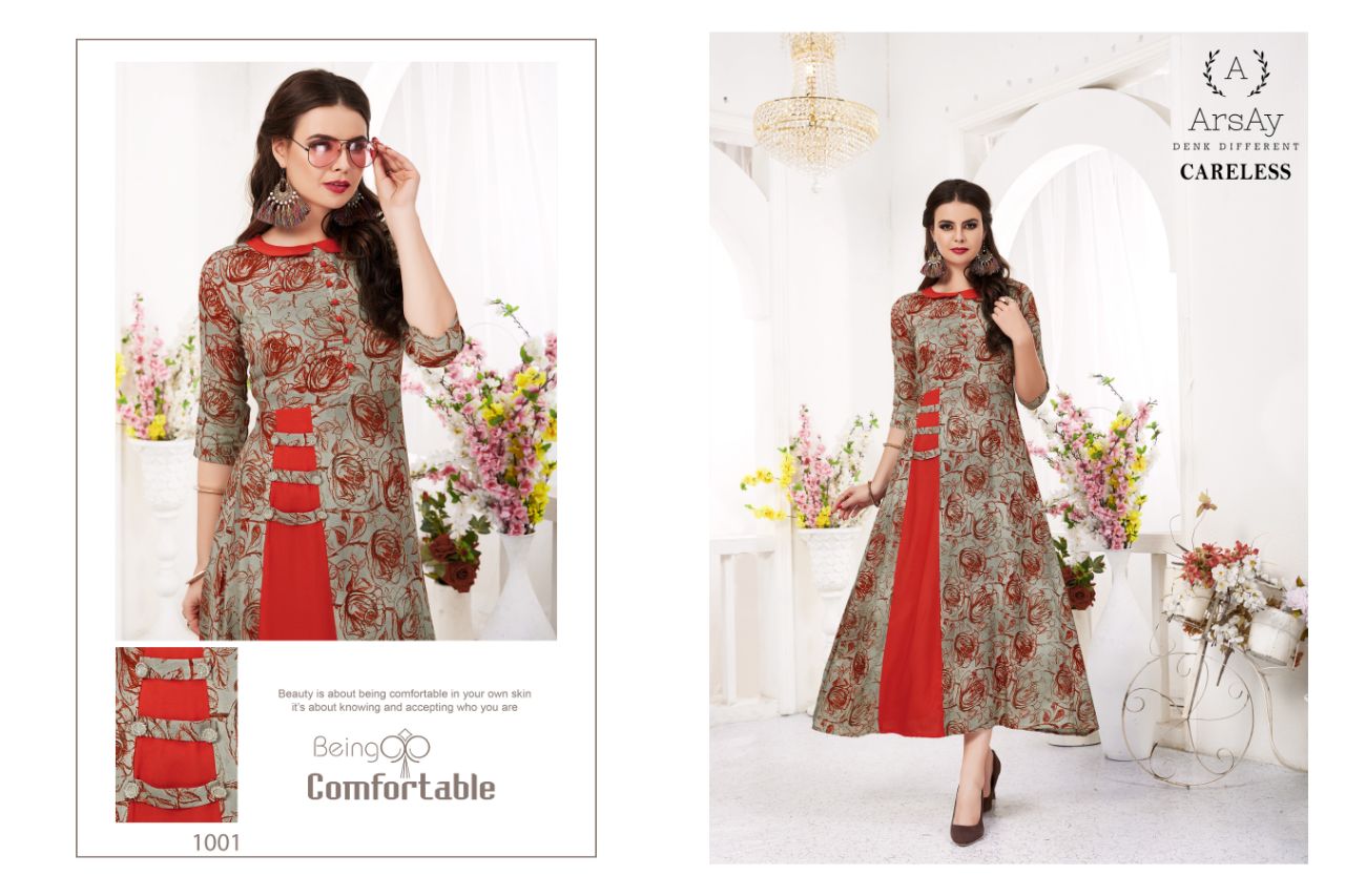 Careless Vol-1 By Arsay 1001 To 1004 Series Beautiful Stylish Fancy Colorful Casual Wear & Ethnic Wear Cotton Rayon Digital Printed Kurtis At Wholesale Price