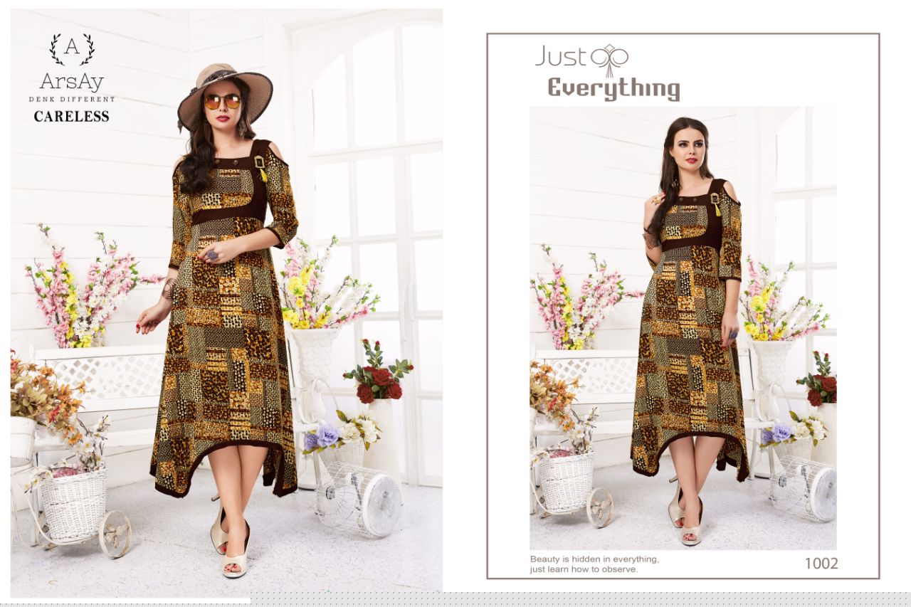 Careless Vol-1 By Arsay 1001 To 1004 Series Beautiful Stylish Fancy Colorful Casual Wear & Ethnic Wear Cotton Rayon Digital Printed Kurtis At Wholesale Price