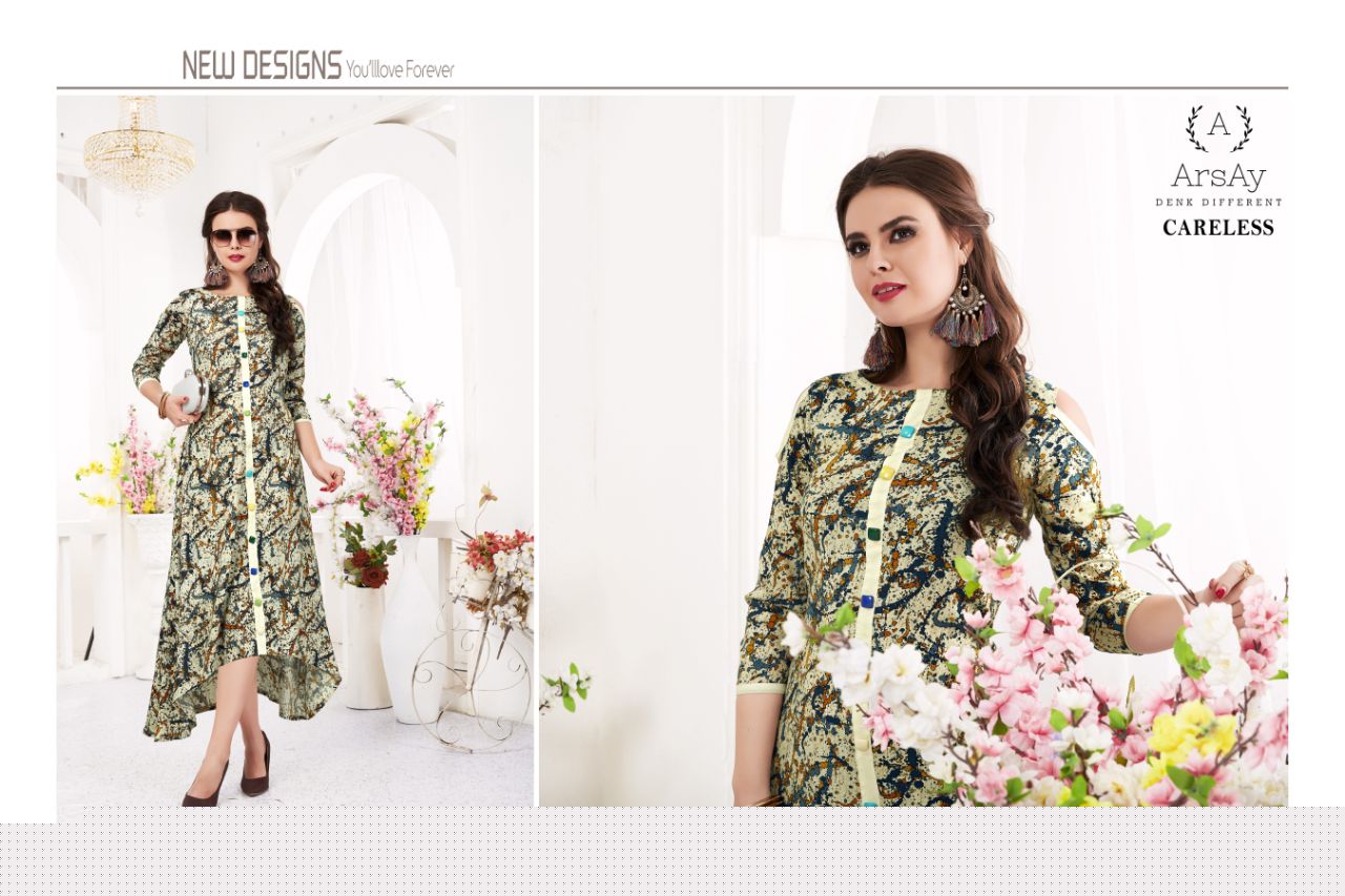 Careless Vol-1 By Arsay 1001 To 1004 Series Beautiful Stylish Fancy Colorful Casual Wear & Ethnic Wear Cotton Rayon Digital Printed Kurtis At Wholesale Price