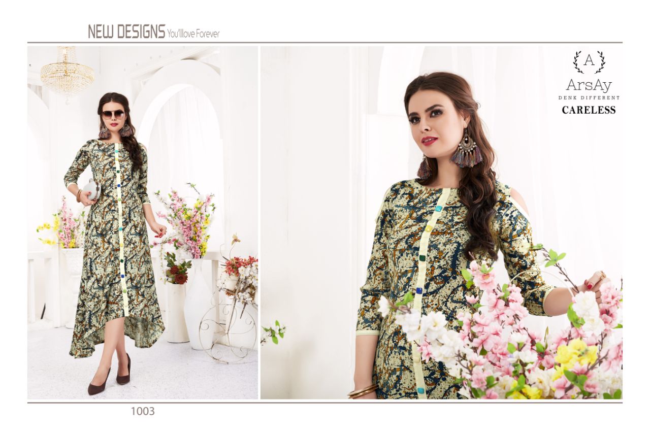 Careless Vol-1 By Arsay 1001 To 1004 Series Beautiful Stylish Fancy Colorful Casual Wear & Ethnic Wear Cotton  Rayon Digital Printed Kurtis At Wholesale Price