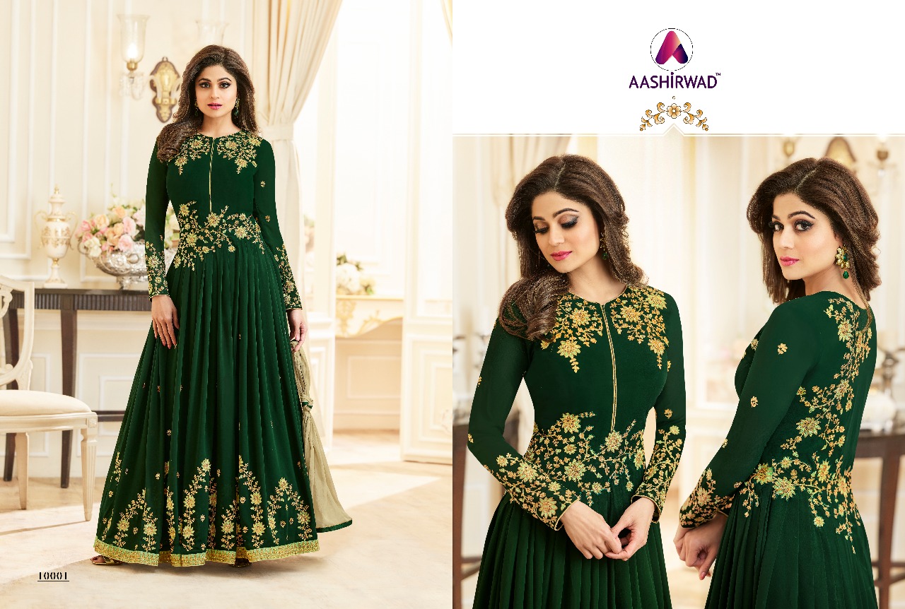 Celebrity By Aashirwad Creation 10001 To 10006 Series Designer Anarkali Suits Beautiful Wedding Collection Colorful Stylish Fancy Party Wear & Occasional Wear Faux Georgette Embroidered Dresses At Wholesale Price