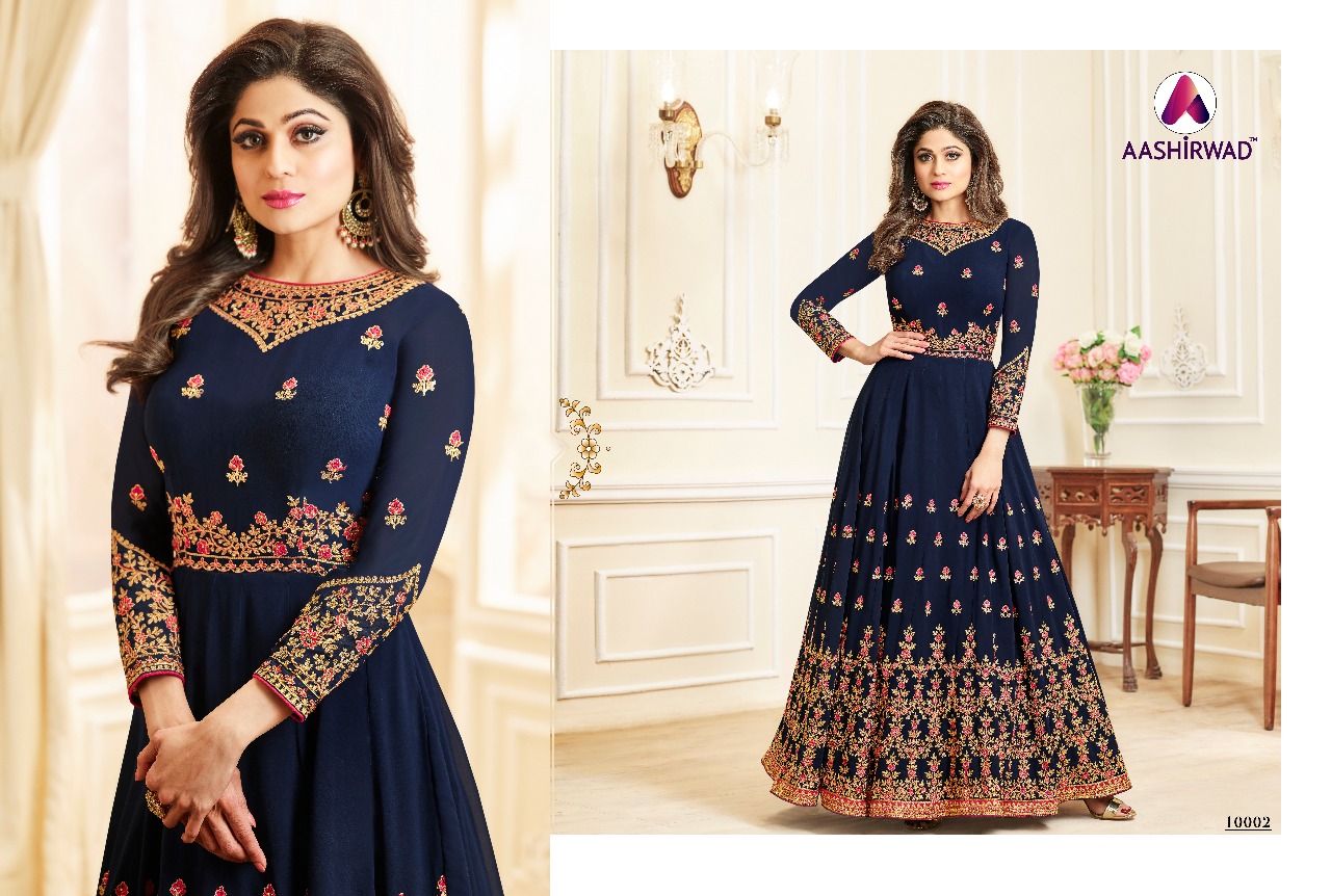 Celebrity By Aashirwad Creation 10001 To 10006 Series Designer Anarkali Suits Beautiful Wedding Collection Colorful Stylish Fancy Party Wear & Occasional Wear Faux Georgette Embroidered Dresses At Wholesale Price