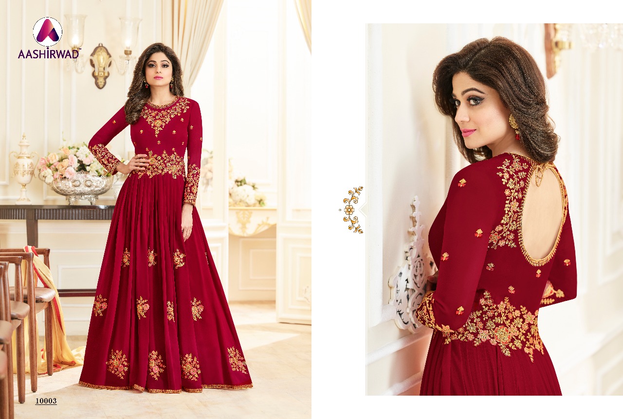 Celebrity By Aashirwad Creation 10001 To 10006 Series Designer Anarkali Suits Beautiful Wedding Collection Colorful Stylish Fancy Party Wear & Occasional Wear Faux Georgette Embroidered Dresses At Wholesale Price