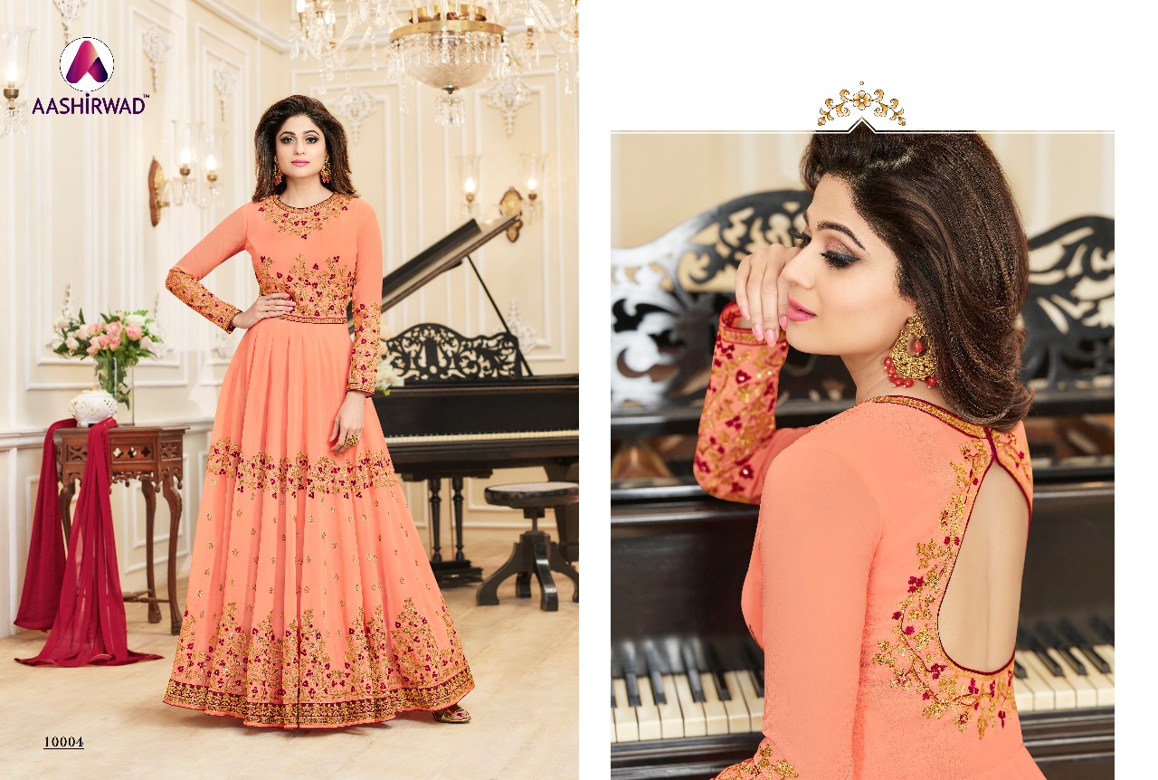 Celebrity By Aashirwad Creation 10001 To 10006 Series Designer Anarkali Suits Beautiful Wedding Collection Colorful Stylish Fancy Party Wear & Occasional Wear Faux Georgette Embroidered Dresses At Wholesale Price