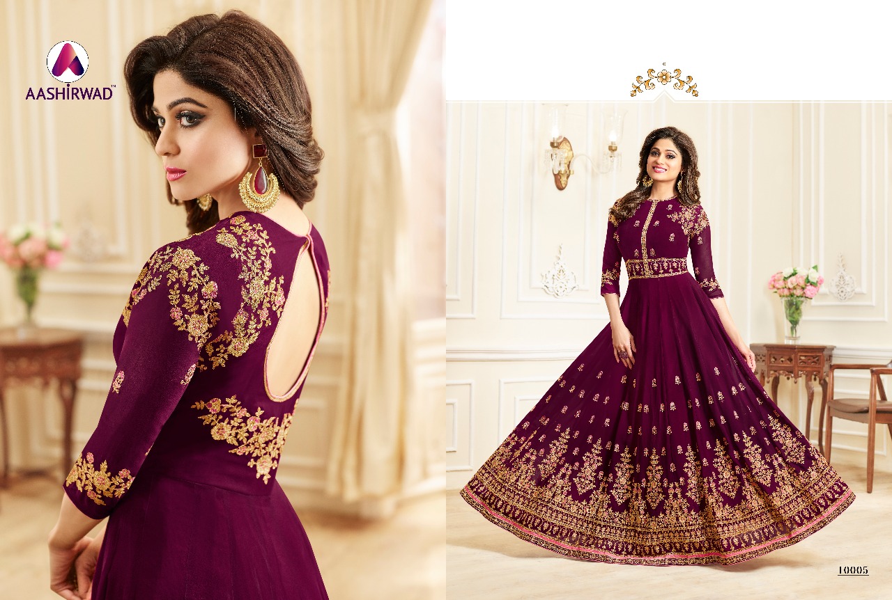 Celebrity By Aashirwad Creation 10001 To 10006 Series Designer Anarkali Suits Beautiful Wedding Collection Colorful Stylish Fancy Party Wear & Occasional Wear Faux Georgette Embroidered Dresses At Wholesale Price