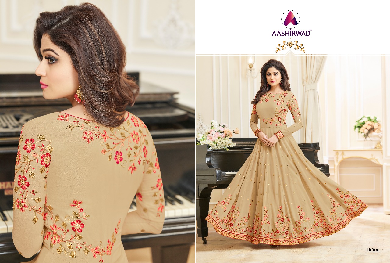 Celebrity By Aashirwad Creation 10001 To 10006 Series Designer Anarkali Suits Beautiful Wedding Collection Colorful Stylish Fancy Party Wear & Occasional Wear Faux Georgette Embroidered Dresses At Wholesale Price