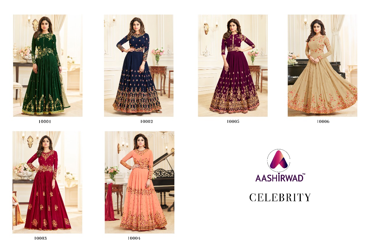 Celebrity By Aashirwad Creation 10001 To 10006 Series Designer Anarkali Suits Beautiful Wedding Collection Colorful Stylish Fancy Party Wear & Occasional Wear Faux Georgette Embroidered Dresses At Wholesale Price