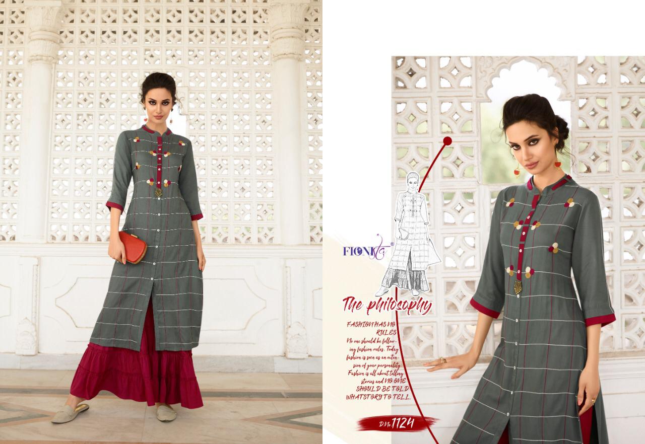Charmie By Fionista 1121 To 1127 Series Beautiful Stylish Fancy Colorful Designer Party Wear & Ethnic Wear & Ready To Wear Rayon Embroidered Kurtis With Bottoms At Wholesale Price
