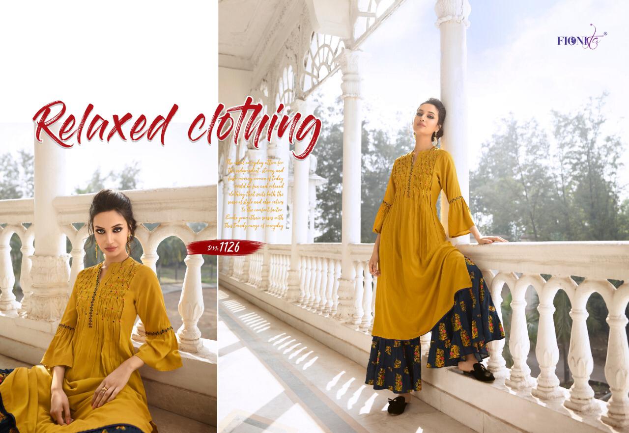 Charmie By Fionista 1121 To 1127 Series Beautiful Stylish Fancy Colorful Designer Party Wear & Ethnic Wear & Ready To Wear Rayon Embroidered Kurtis With Bottoms At Wholesale Price