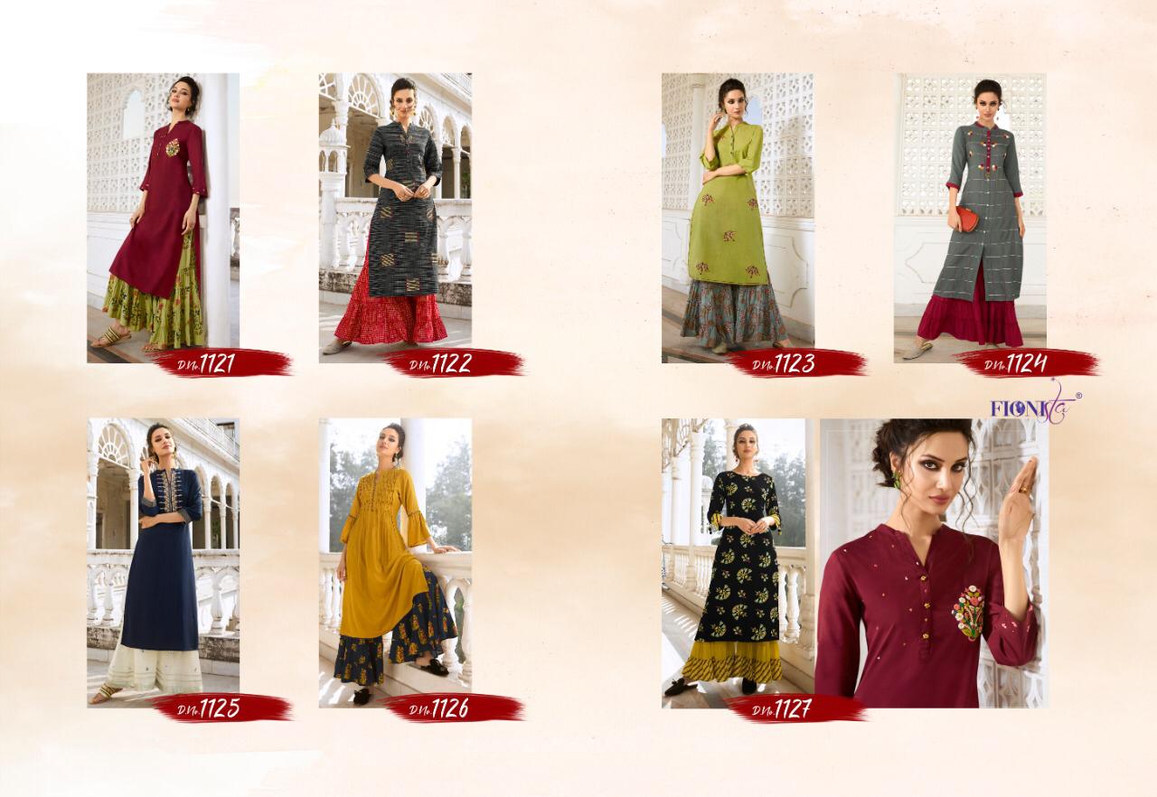 Charmie By Fionista 1121 To 1127 Series Beautiful Stylish Fancy Colorful Designer Party Wear & Ethnic Wear & Ready To Wear Rayon Embroidered Kurtis With Bottoms At Wholesale Price
