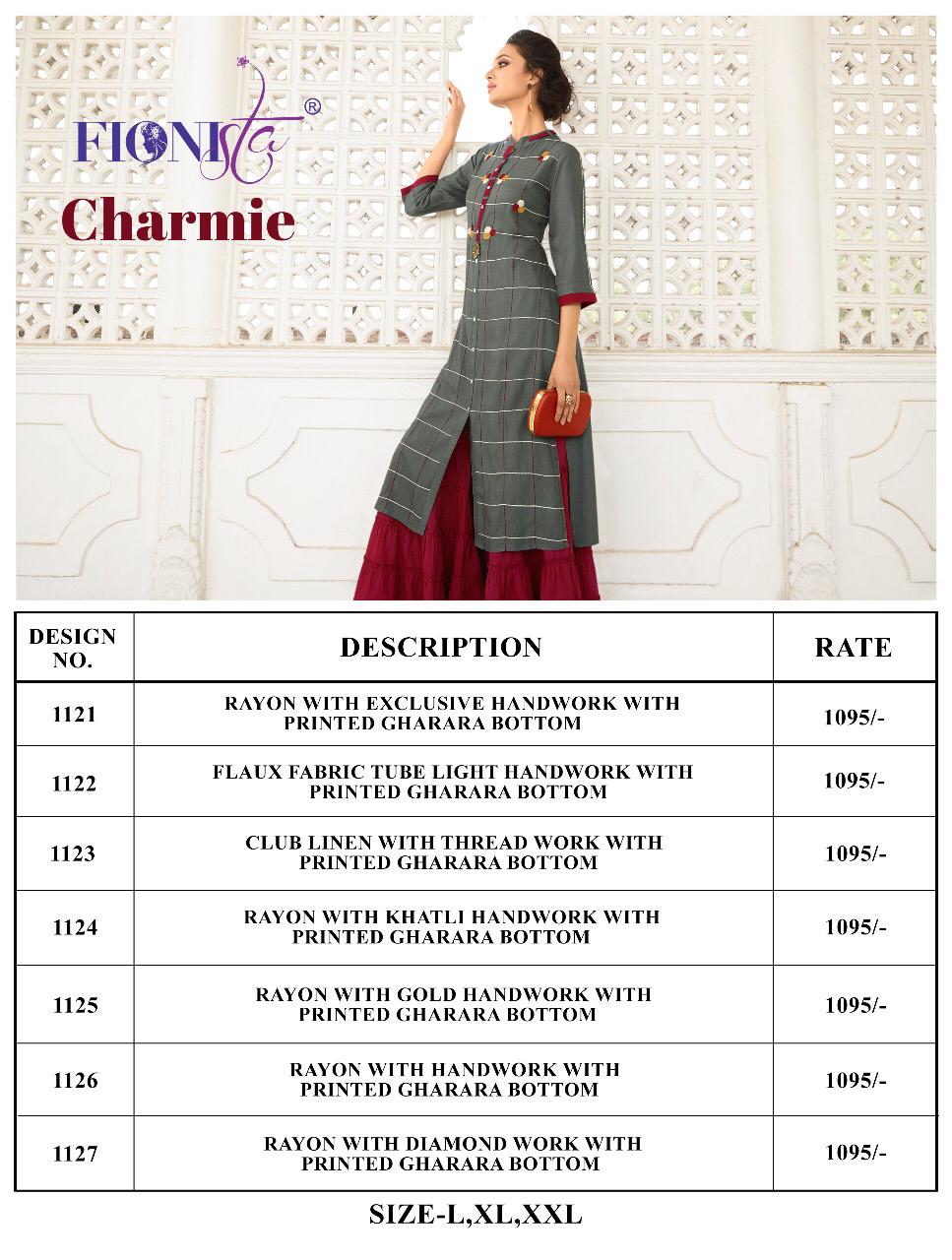 Charmie By Fionista 1121 To 1127 Series Beautiful Stylish Fancy Colorful Designer Party Wear & Ethnic Wear & Ready To Wear Rayon Embroidered Kurtis With Bottoms At Wholesale Price