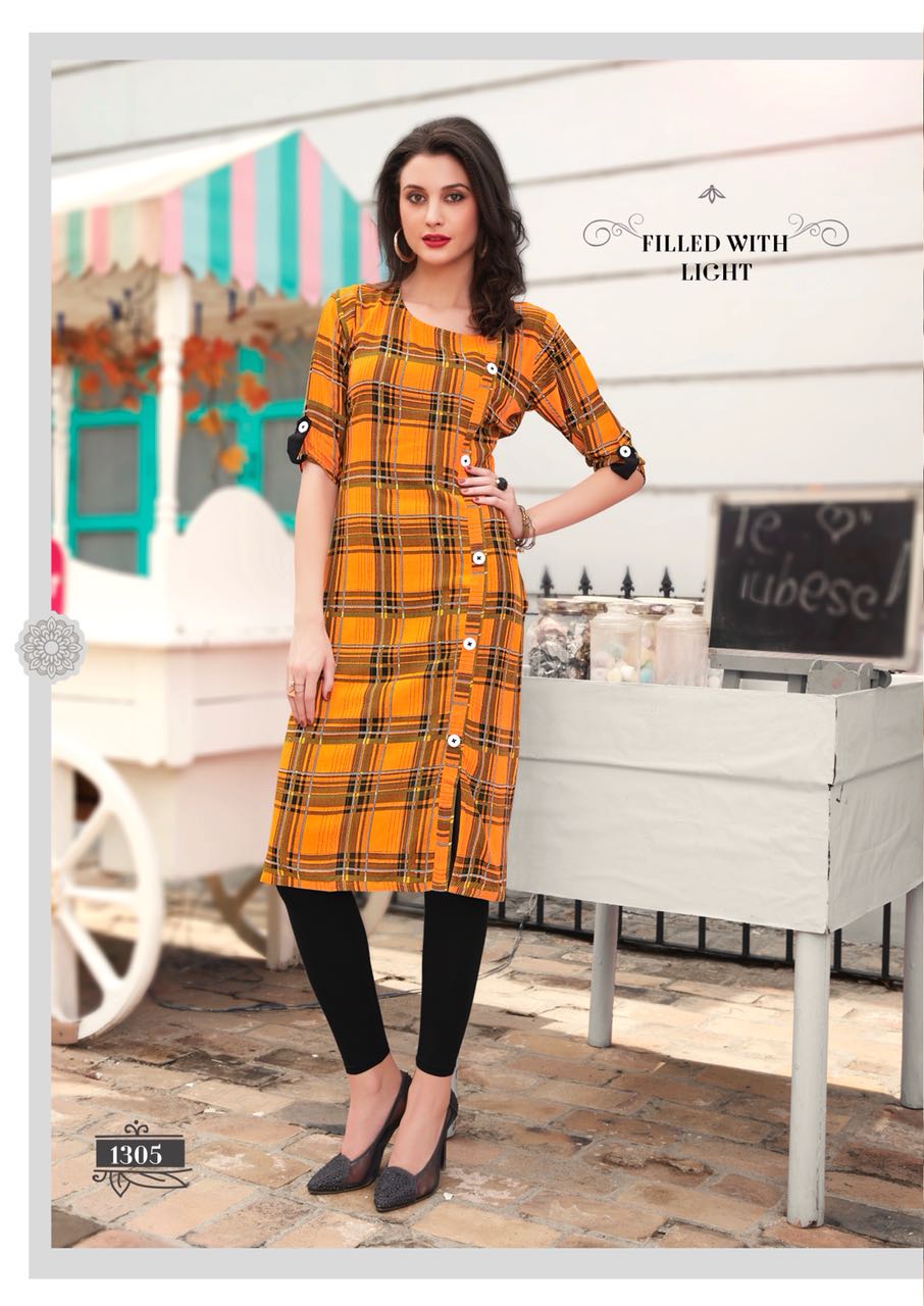 Checks By Amaaya Garments 1301 To 1309 Series Beautiful Stylish Fancy Colorful Casual Wear & Ethnic Wear & Ready To Wear Rayon Kurtis At Wholesale Price