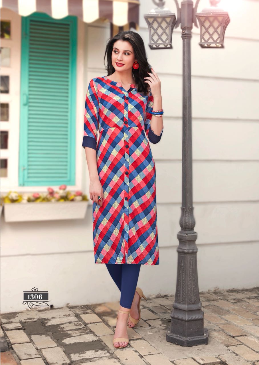 Checks By Amaaya Garments 1301 To 1309 Series Beautiful Stylish Fancy Colorful Casual Wear & Ethnic Wear & Ready To Wear Rayon Kurtis At Wholesale Price
