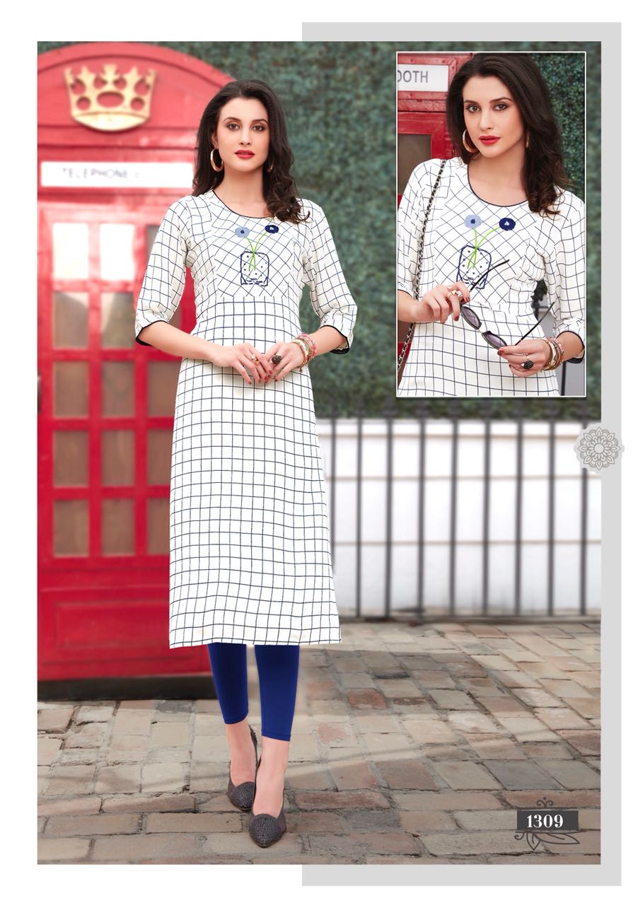 Checks By Amaaya Garments 1301 To 1309 Series Beautiful Stylish Fancy Colorful Casual Wear & Ethnic Wear & Ready To Wear Rayon Kurtis At Wholesale Price