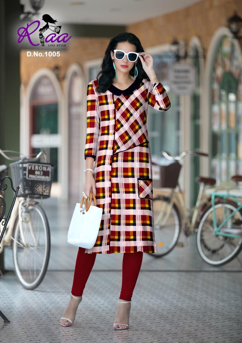 Checks By Riaa Lifestyle 1001 To 1008 Series Beautiful Stylish Colorful Fancy Party Wear & Ethnic Wear & Ready To Wear Heavy Rayon Printed Kurtis At Wholesale Price