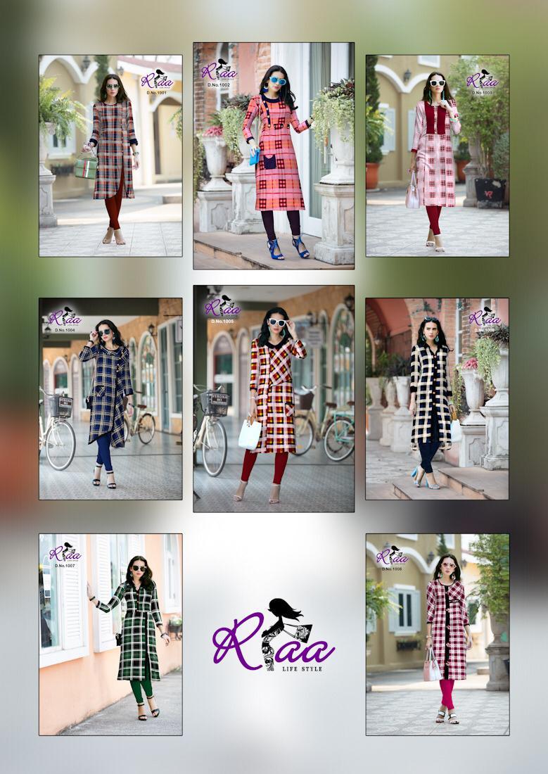 Checks By Riaa Lifestyle 1001 To 1008 Series Beautiful Stylish Colorful Fancy Party Wear & Ethnic Wear & Ready To Wear Heavy Rayon Printed Kurtis At Wholesale Price