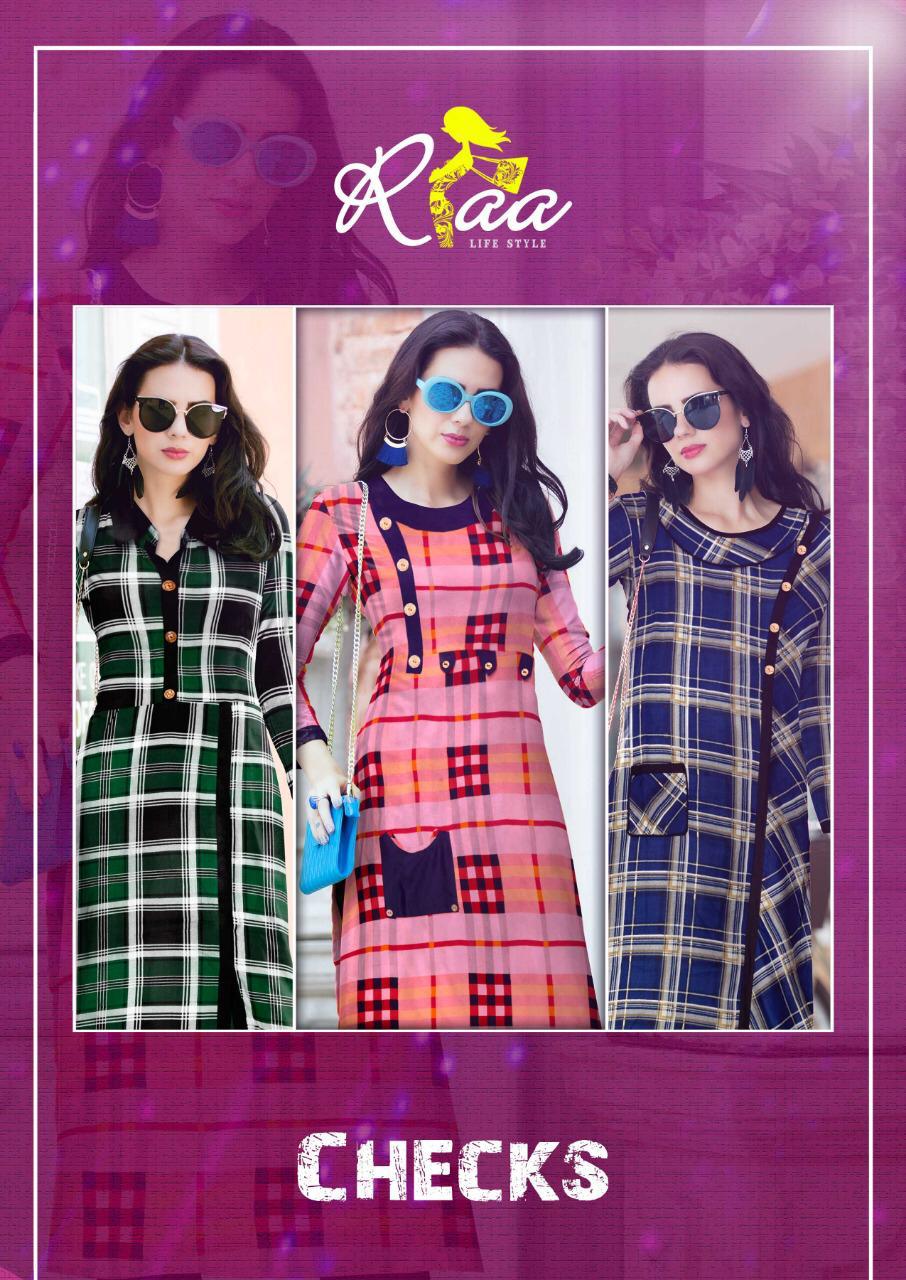 Checks By Riaa Lifestyle 1001 To 1008 Series Beautiful Stylish Colorful Fancy Party Wear & Ethnic Wear & Ready To Wear Heavy Rayon Printed Kurtis At Wholesale Price