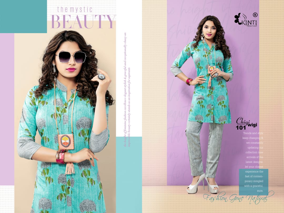 Chigi Wigi By Kinti 101 To 112 Series Beautiful Beautiful Stylish Fancy Colorful Casual Wear & Ethnic Wear Ready To Wear Rayon Print Kurtis With Bottom At Wholesale Price